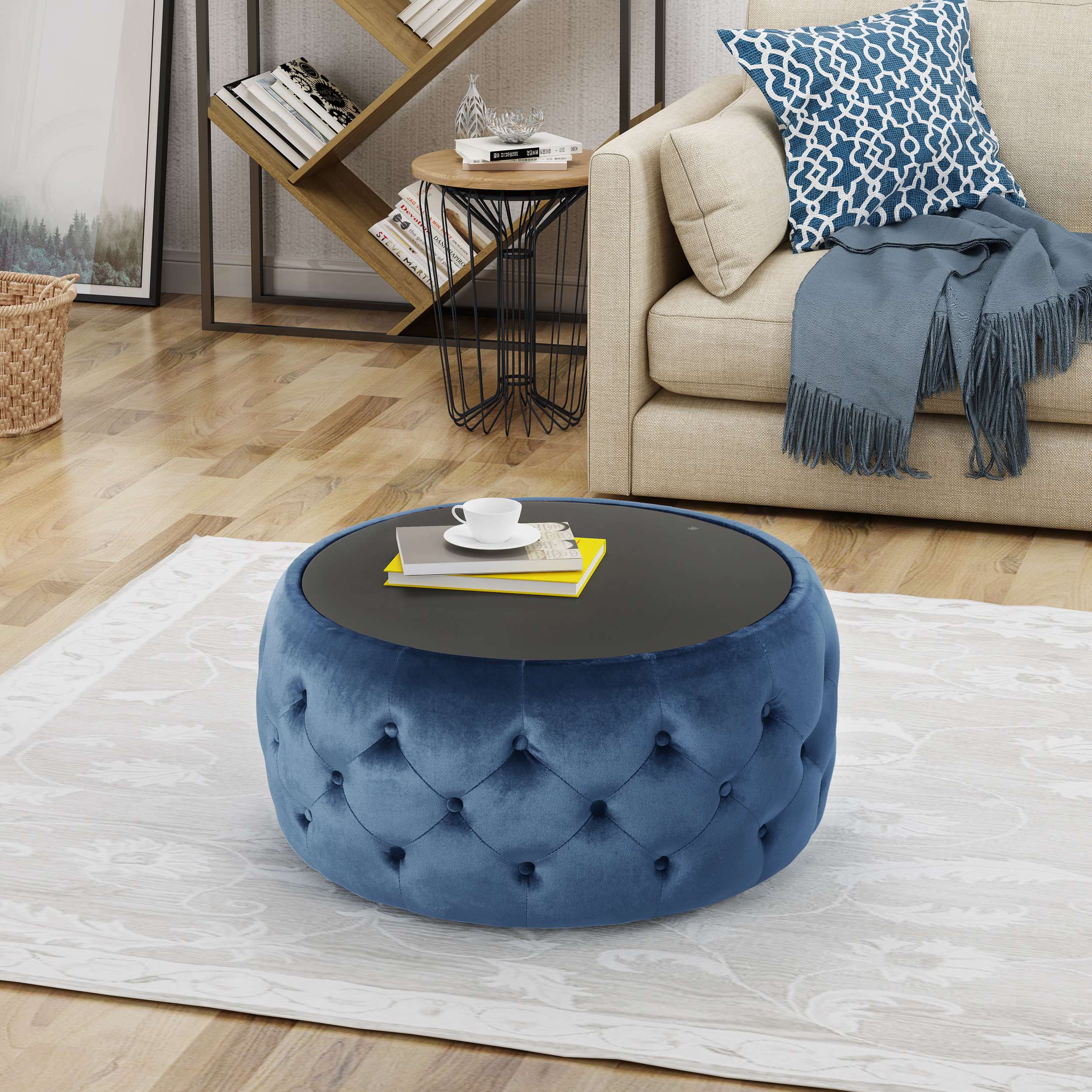 Velvet Ottoman with Cushioned Top, Sturdy Frame, and Space-Saving Design, 30" L x 30" W x 14.5" H, Dark Blue
