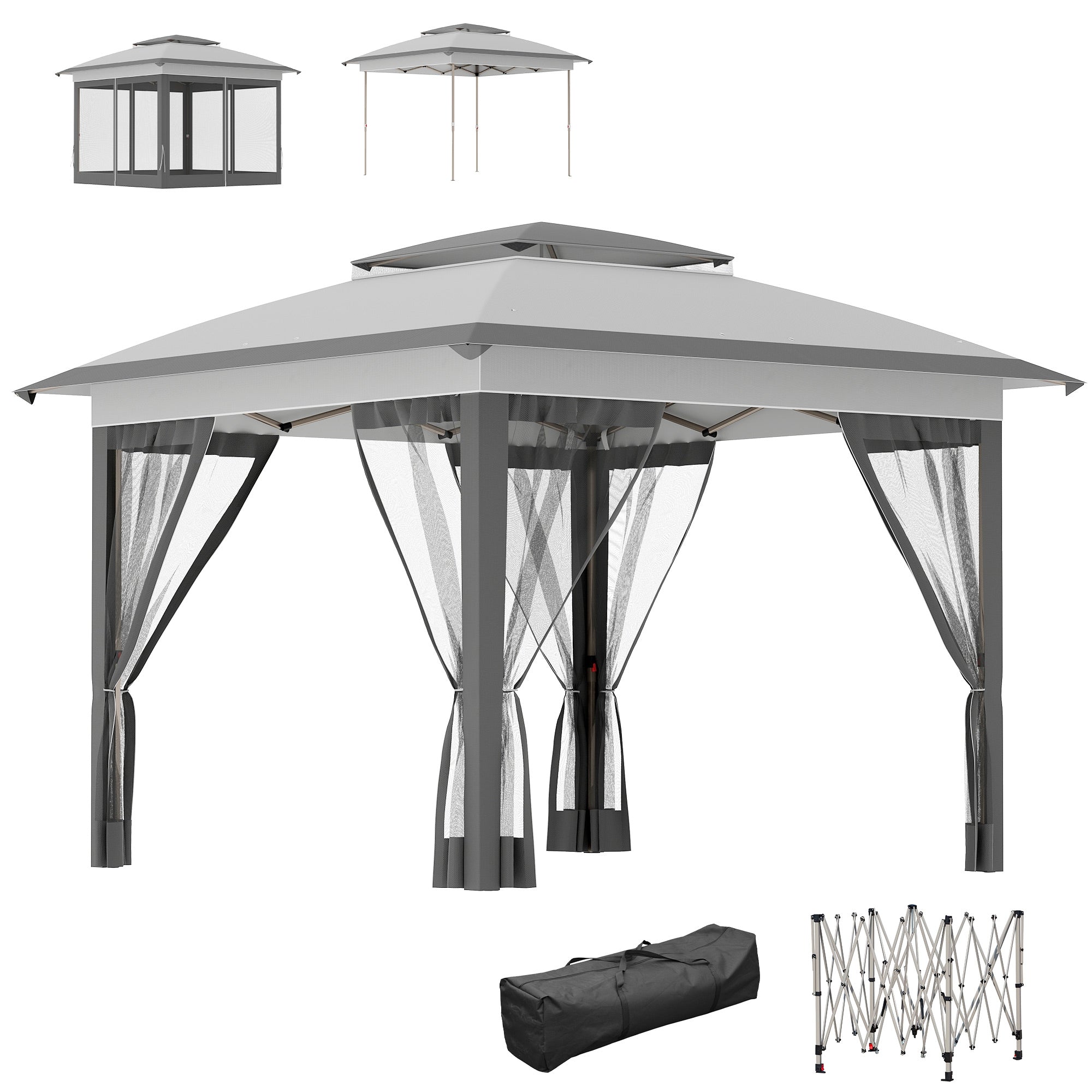 12' x 12' Pop Up Canopy Tent with Netting and Carry Bag, Instant Sun Shelter with 137 sq.ft Shade, Tents for Parties, Height Adjustable, for Outdoor, Garden, Patio, Gray