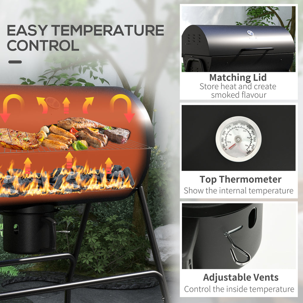 Barrel Charcoal BBQ Grill, Barbecue with 420 sq.in. Cooking Area, Wheels, Ash Catcher, Black