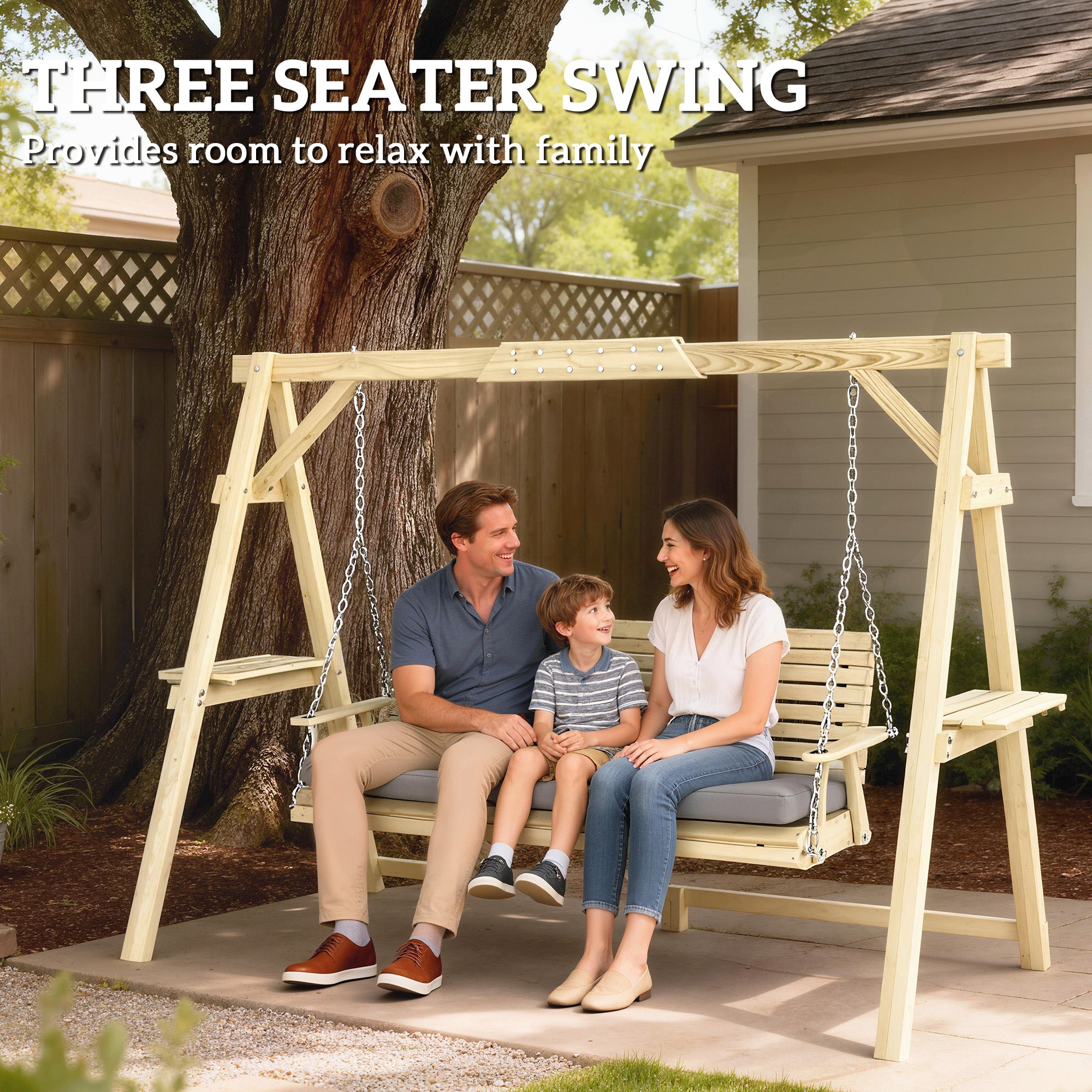 3 Seat Wooden Porch Swing with Stand, Patio Swing with Cushion, for Garden, Poolside, Backyard, Natural Wood