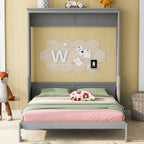 Space-Saving Design Queen Size Murphy Bed with Shelf, Solid Wood and MDF, 86" L x 69.5" W x 87" H, Gray