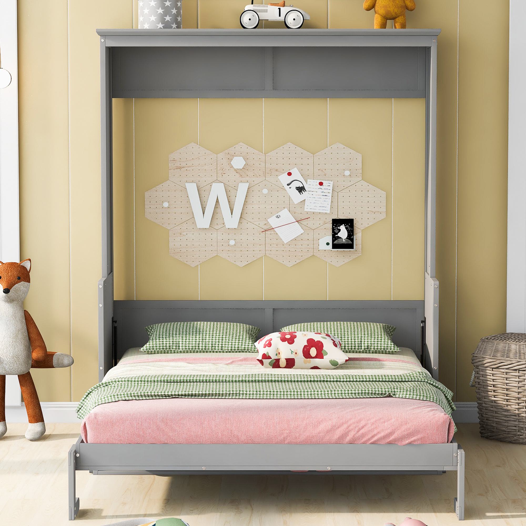 Space-Saving Design Queen Size Murphy Bed with Shelf, Solid Wood and MDF, 86" L x 69.5" W x 87" H, Gray