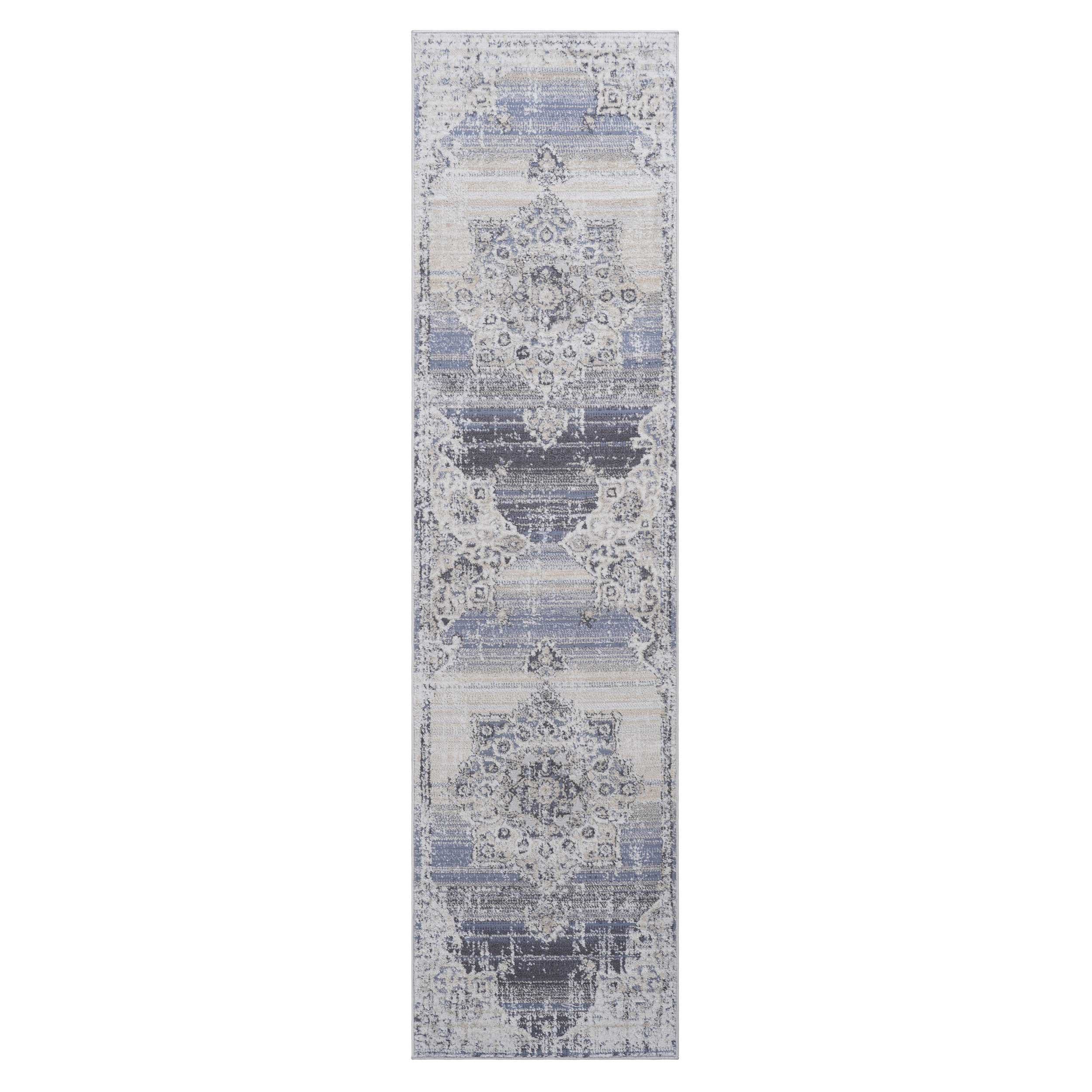 2x8 Stain-Resistant Area Rug with Cotton Backing, Carpet for Living Room, Bedroom, Home Office, 96" L x 26" W x 0.3" H, Cream+Blue