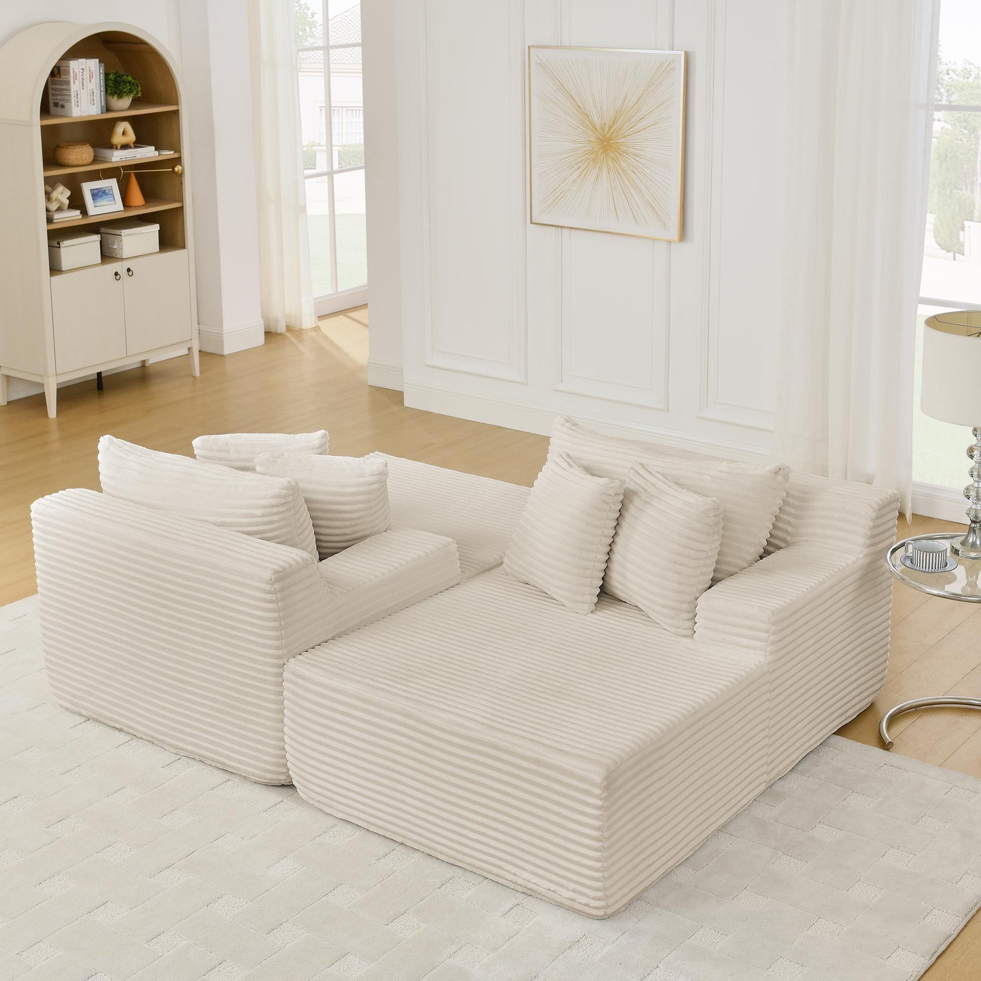 2-Seater Compressed Foam Lounge Sofa with Velvet Fabric and No Wood Frame, Loveseat Ideal for Bedroom, 83" L x 63" W x 25" H, Beige