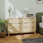 6 Drawer Double Dresser for Bedroom, Fluted Chest of Drawers with Gold Finger Pulls and 5 Wood Legs, Natural Wood
