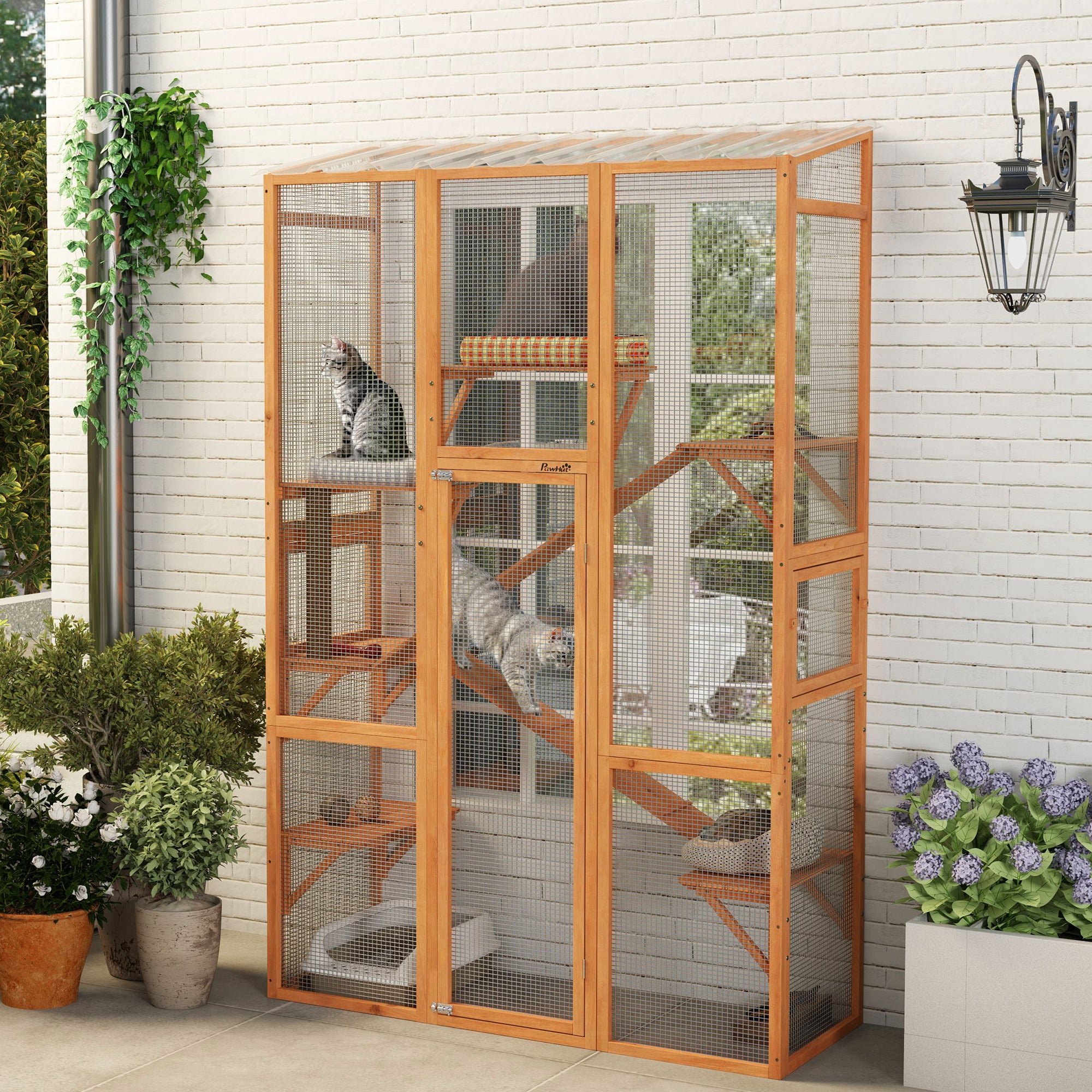 Outdoor Catio Cat Enclosure, Large Wooden Cat House with 6 Jumping Platforms, Scratching Post, 2 Ramps, for 2-3 Kittens