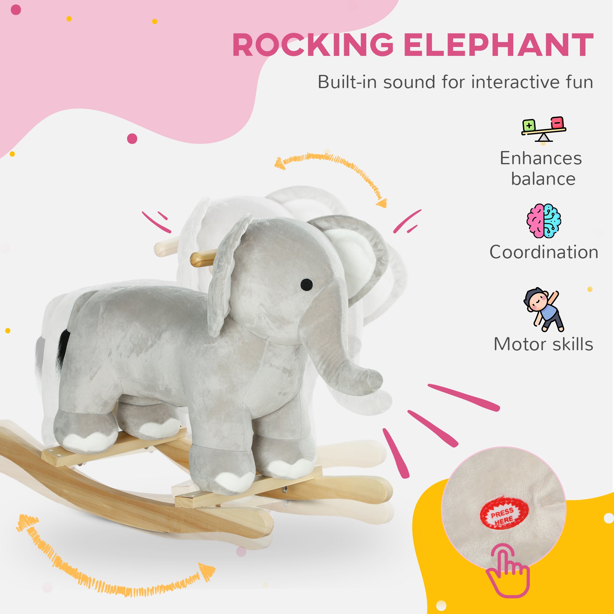 Kids Rocking Animal, Elephant Rocker with Realistic Sounds, Plush Ride on Toy for Years 2-4, Gray