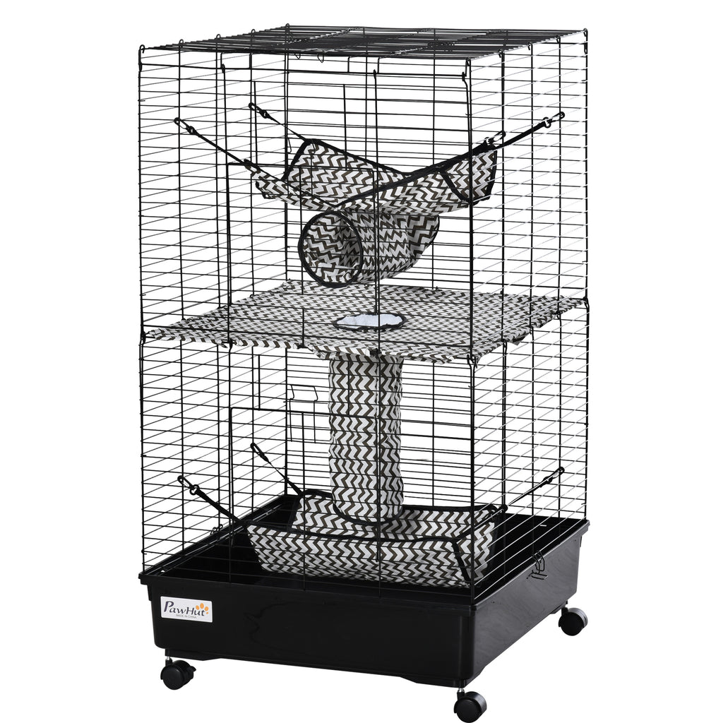 42" Ferret Cage, Small Animal Habitat Metal Pet Cage with Wheels Brakes, Hammocks, Hanging Tunnels, and 3 Doors, Black