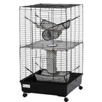 42" Ferret Cage, Small Animal Habitat Metal Pet Cage with Wheels Brakes, Hammocks, Hanging Tunnels, and 3 Doors, Black
