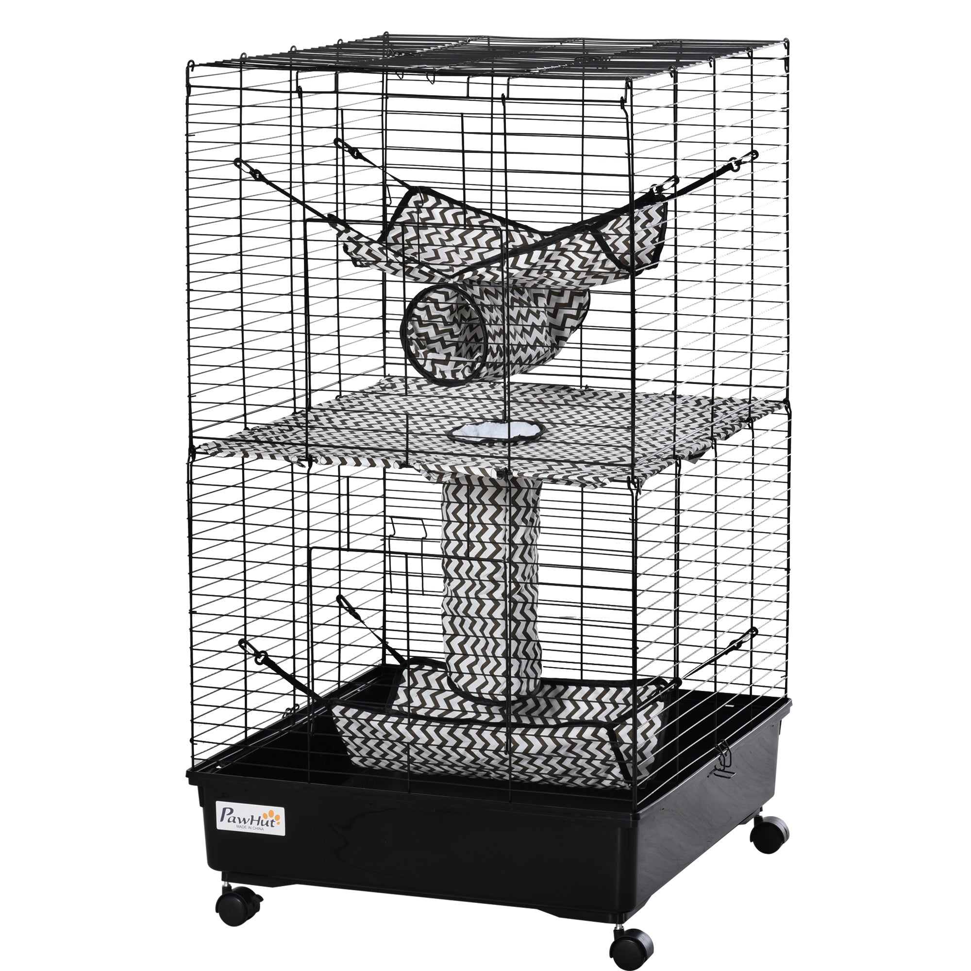 42" Ferret Cage, Small Animal Habitat Metal Pet Cage with Wheels Brakes, Hammocks, Hanging Tunnels, and 3 Doors, Black