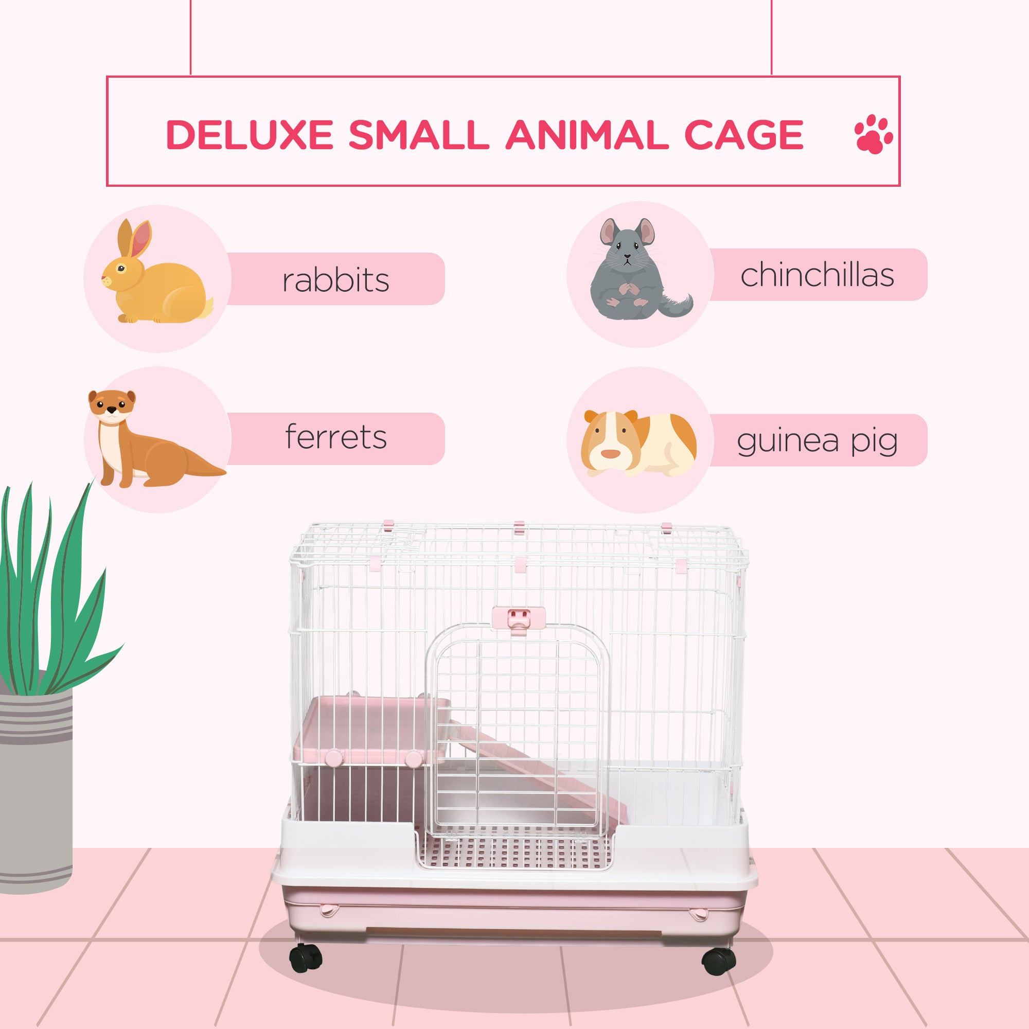 2-Level Small Animal Cage Rabbit Hutch with Wheels, Removable Tray, Platform and Ramp for Bunny, Chinchillas, Ferret, Pink