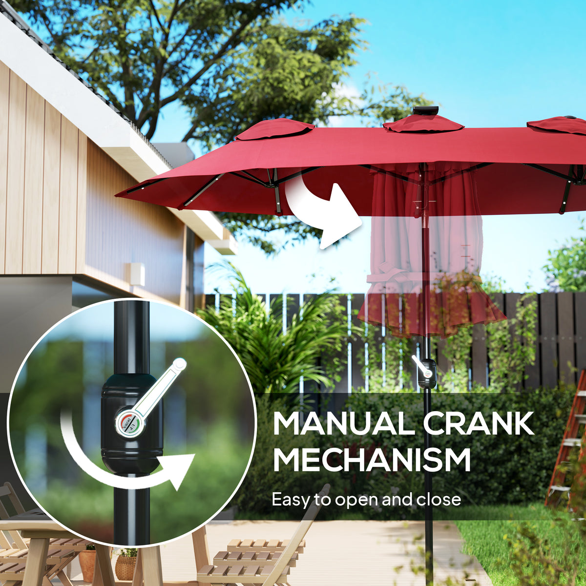 Double-sided Patio Umbrella, 9.7' Outdoor Umbrella with Tilt and Crank, LED Solar Light and 12 Ribs, Wine Red