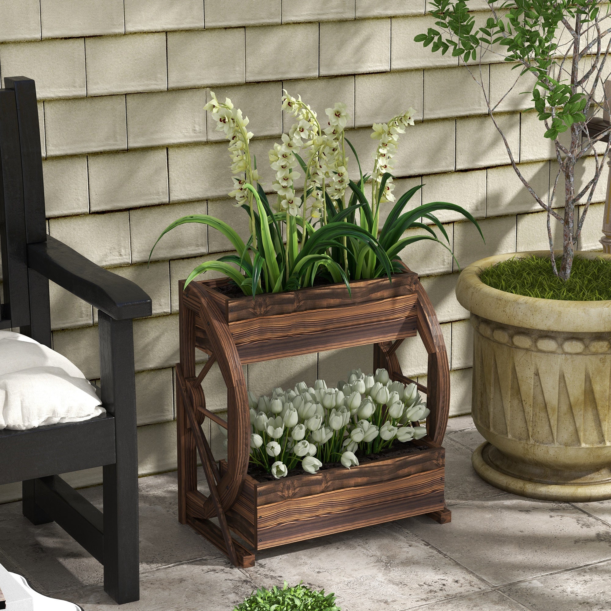 Wooden Wagon Planter Box, 2-Tier Raised Garden Bed, for Vegetables Flowers Herbs, 22" x 13" x 22"