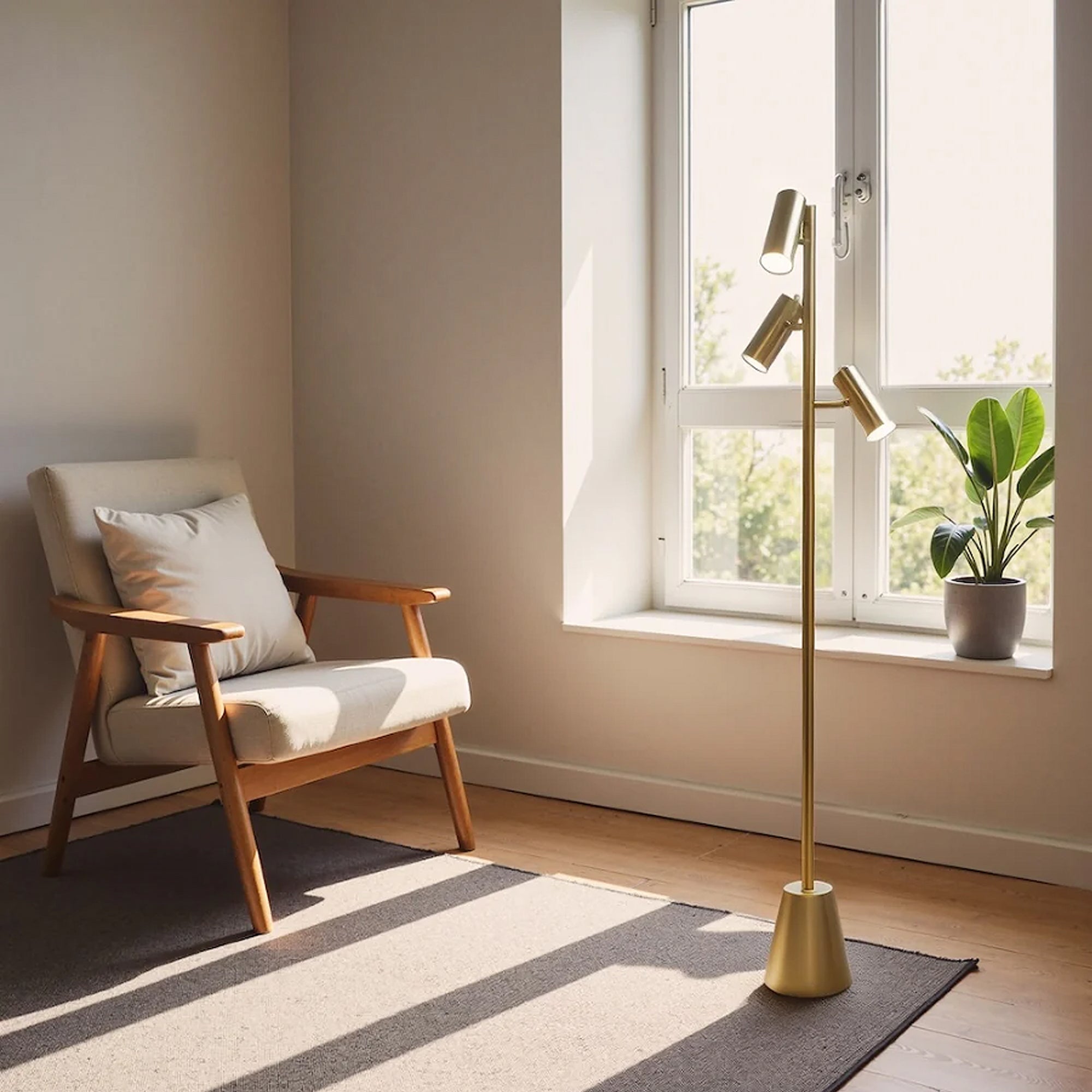 Lumina Brassed Floor Lamp with Rotary Switch, Triple Spotlights, Metal Cone Base, 15" L x 15" W x 63" H, Gold