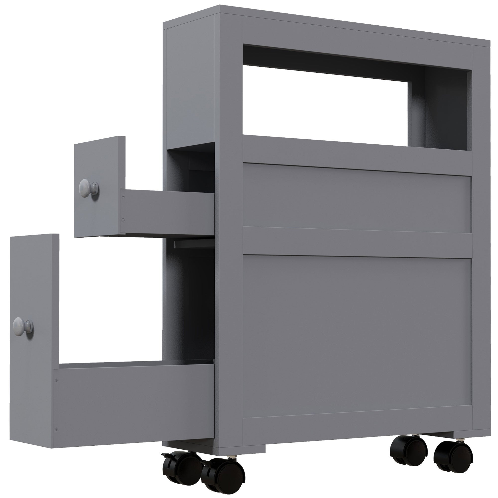 Space Saving Narrow Bathroom Storage Cabinet, Bath Toilet Paper Holder with Drawers and Rolling Wheels, Gray