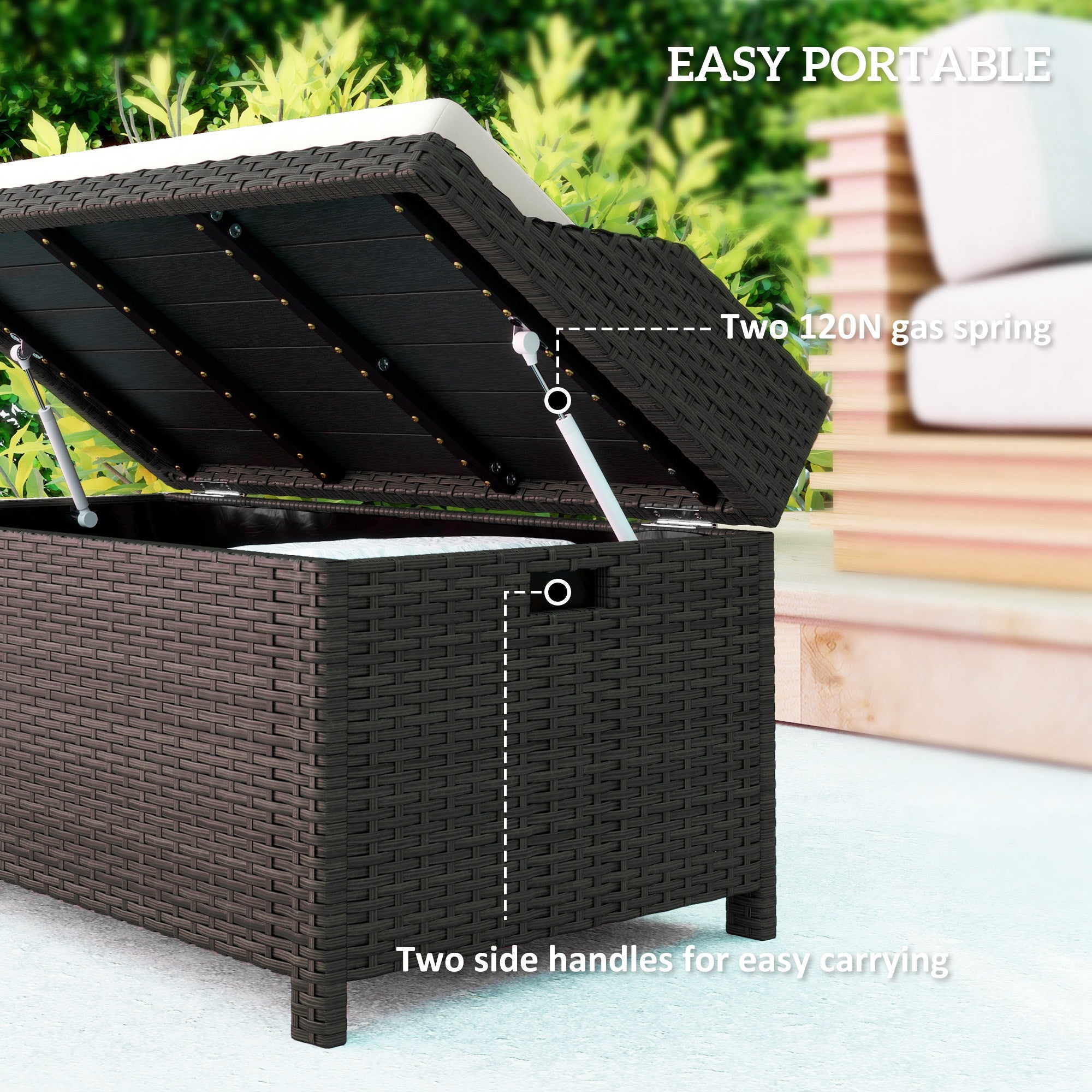 Outdoor Wicker Storage Bench with Storage & Cushion, Cream White