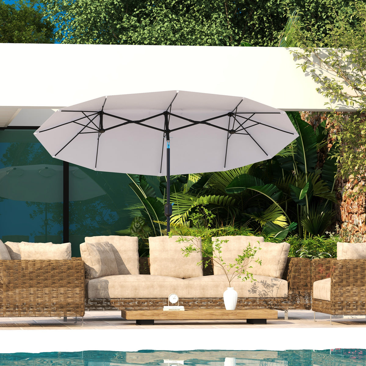 Double Sided Patio Umbrella, 9.7' Large Outdoor Market Umbrella with Push Button Tilt and Crank, 3 Air Vents and 12 Ribs, for Garden, Deck, Pool, White