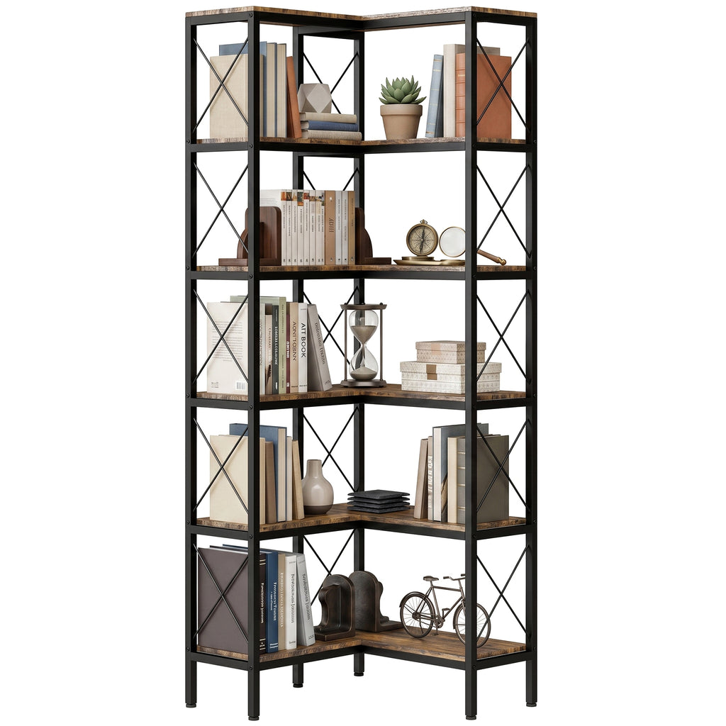 5-Tier L-Shaped Bookshelf, Freestanding Bookcase with Metal Frame, Rustic Brown