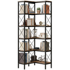 5-Tier L-Shaped Bookshelf, Freestanding Bookcase with Metal Frame, Rustic Brown