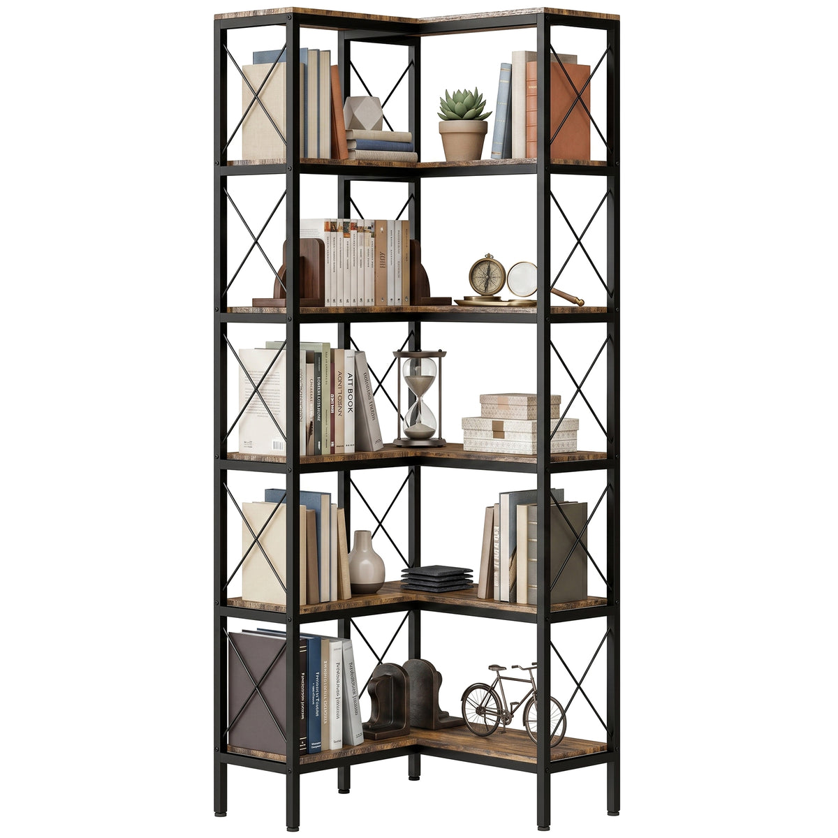 5-Tier L-Shaped Bookshelf, Freestanding Bookcase with Metal Frame, Rustic Brown