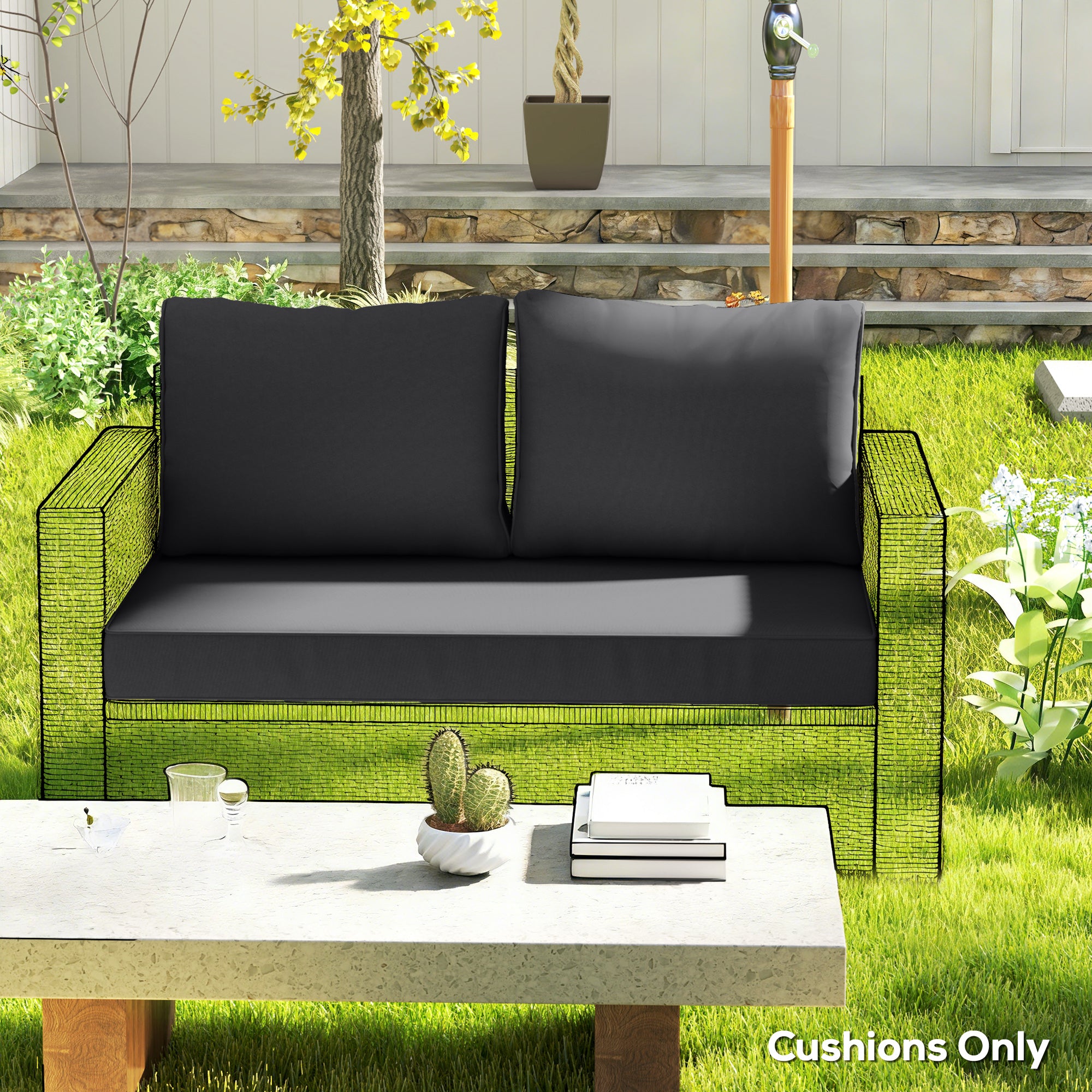 2 Seat Patio Furniture Cushions, Thick Outdoor Loveseat Cushion Set with Removable Cover, 46x26x5 in, Black