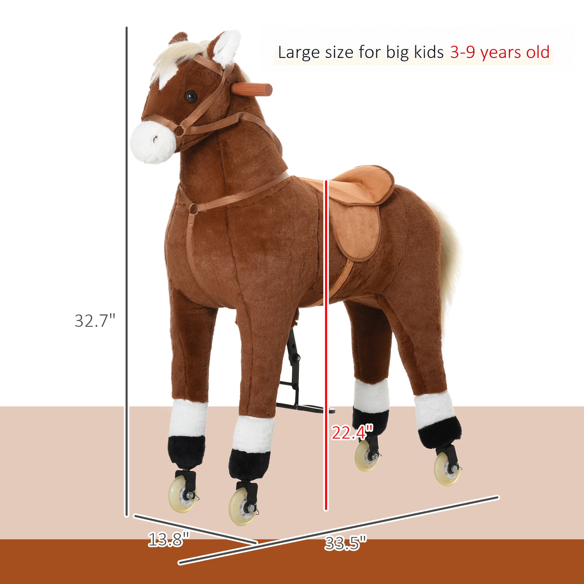 Kids Ride-on Walking Horse with Easy Rolling Wheels, Soft Huggable Body, & a Large Size for Kids 3-9 Years