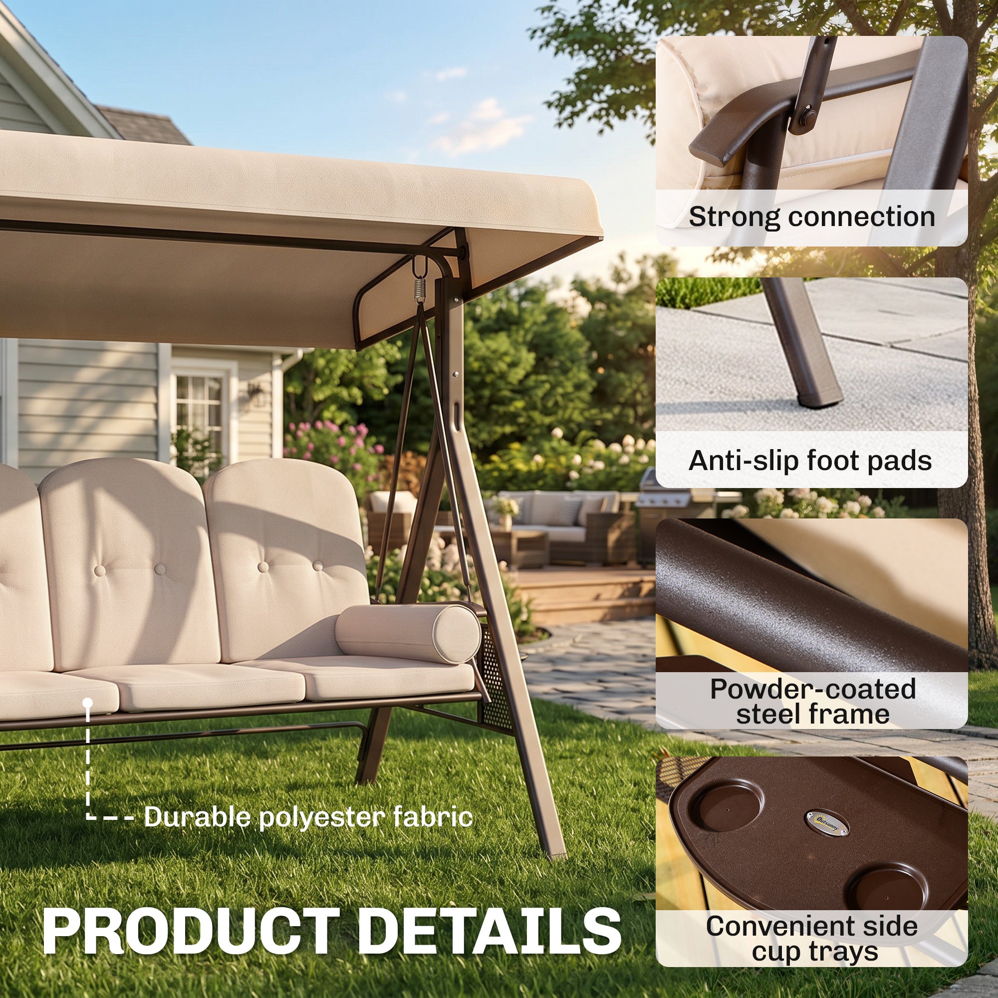 3-Seat Patio Swing Chair, Outdoor Porch Swing Glider with Adjustable Canopy, Removable Cushion, Pillows and Side Trays, for Garden, Poolside, Backyard, Beige