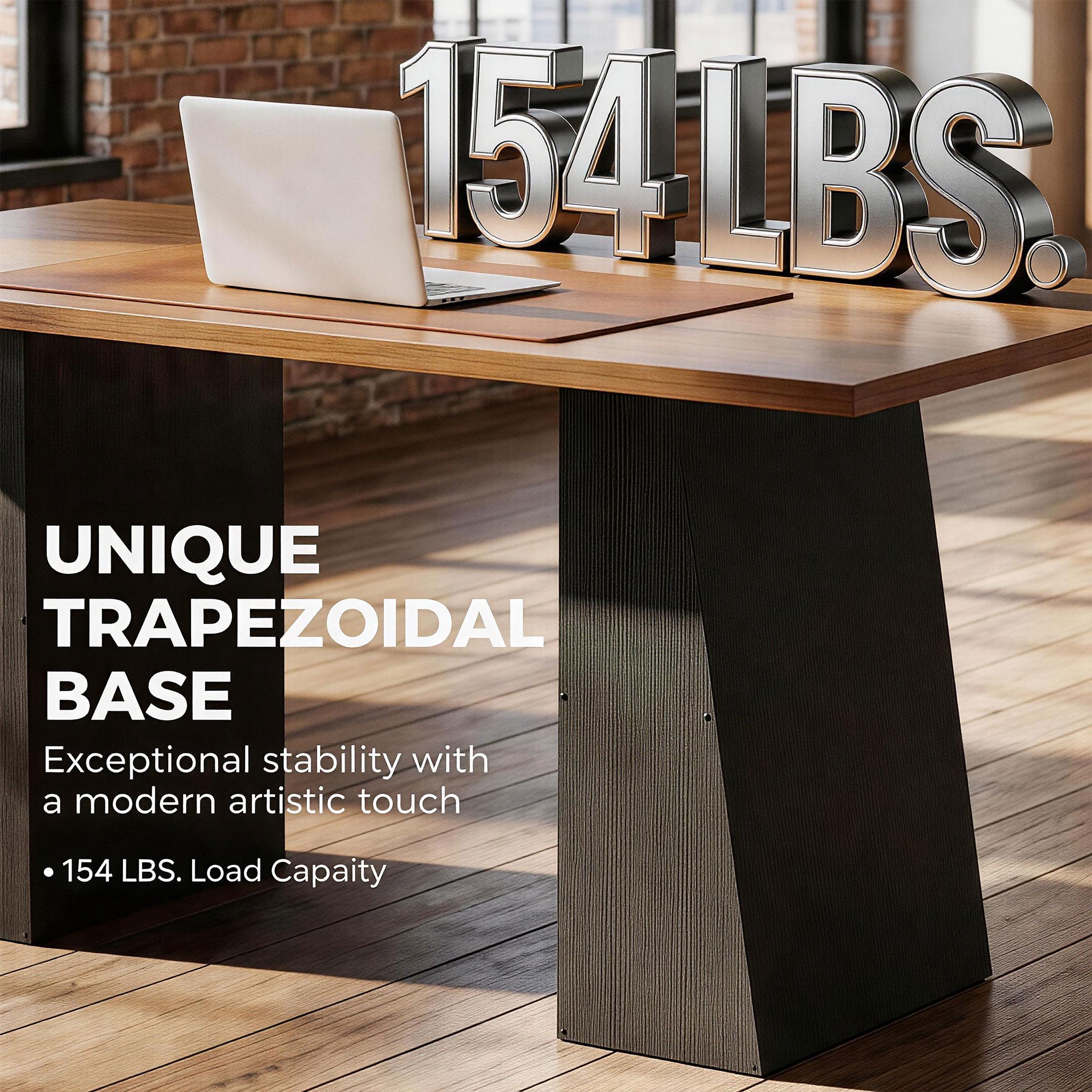 63 Inch Computer Desk with Trapezoidal Frame Light Walnut and Black