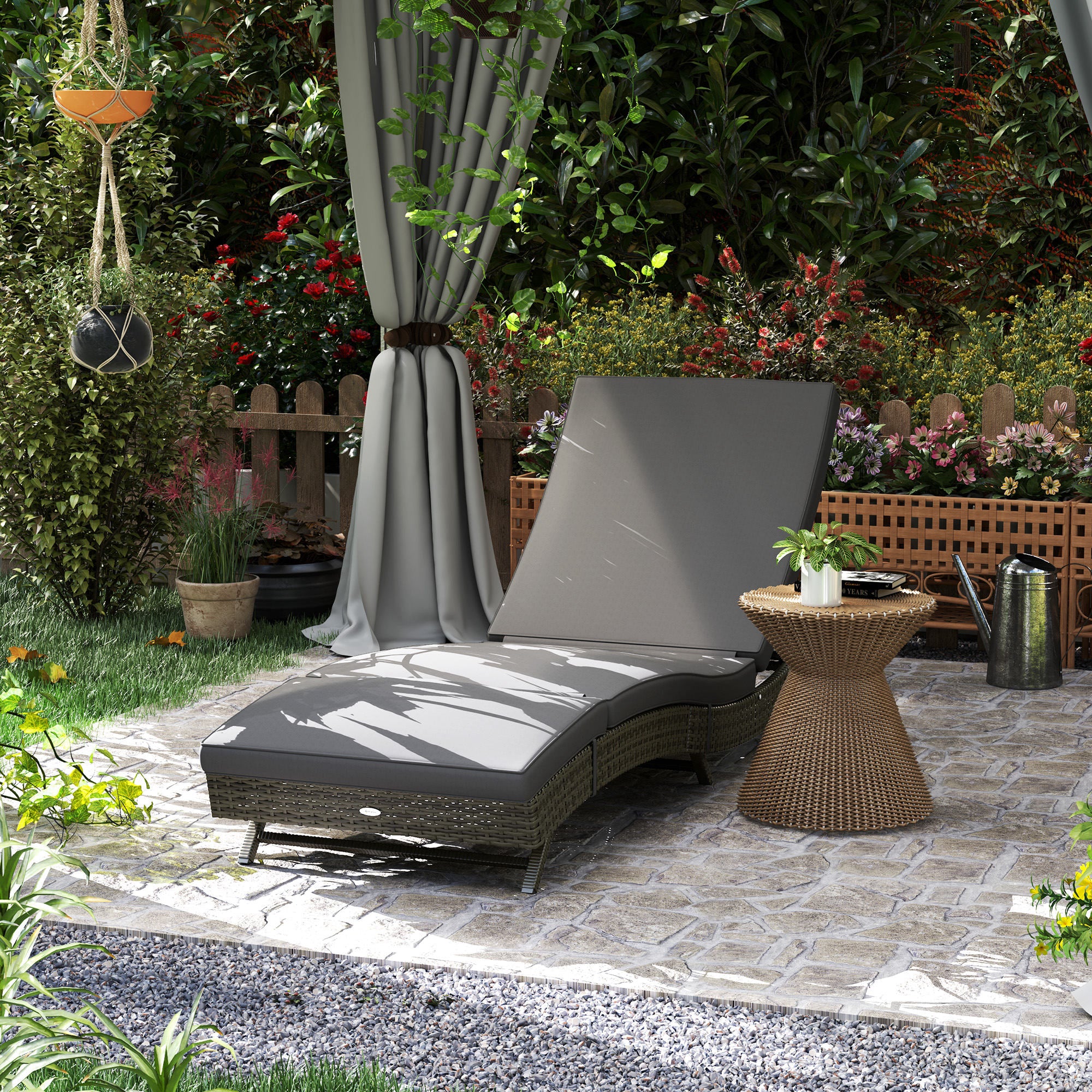 Patio Wicker Chaise Lounge Chair, Outdoor PE Rattan Sun lounger with Adjustable Backrest and 2 Wheels, Gray
