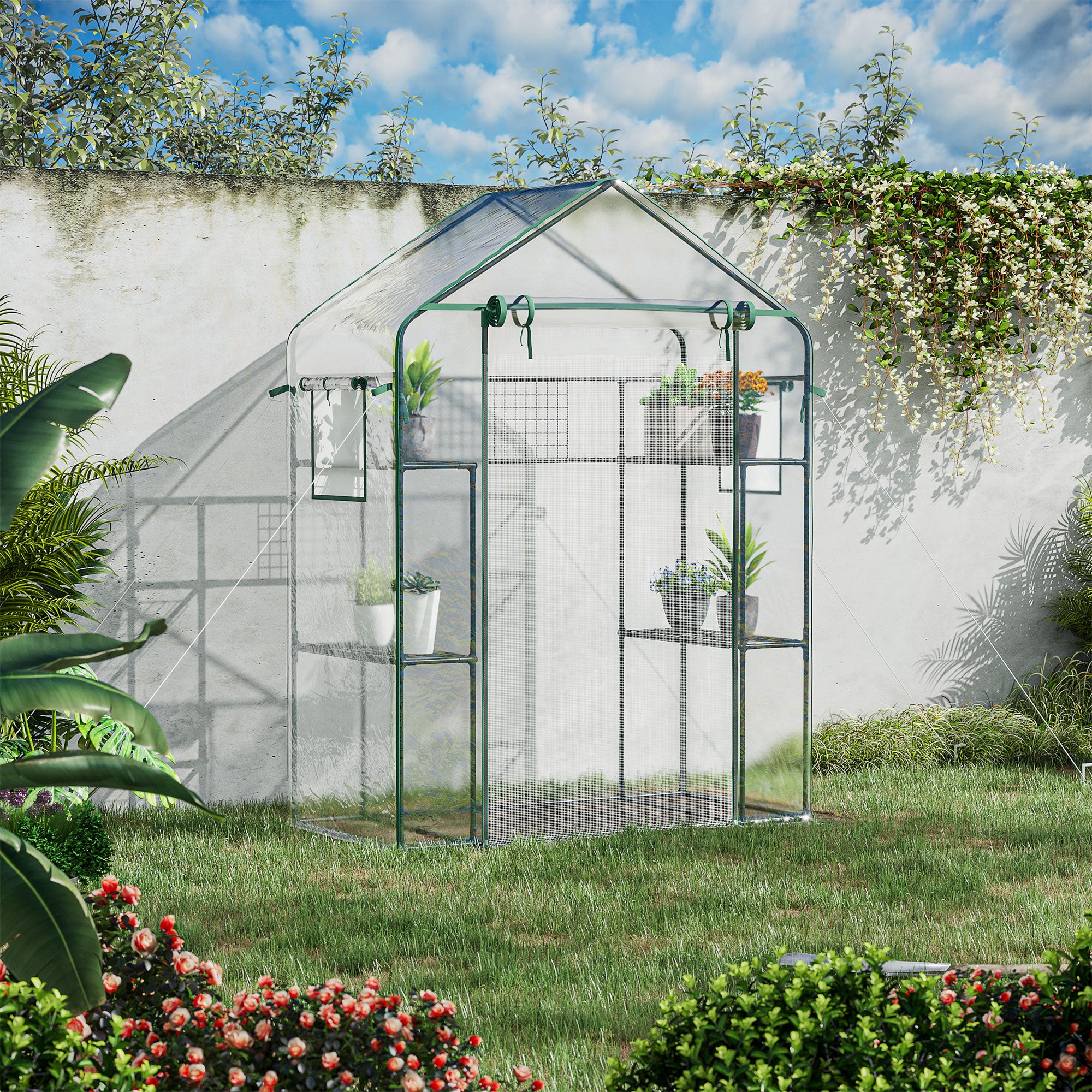 Outdoor Walk-in Mini Greenhouse with Mesh Door & Windows, Small Portable Garden Green House with 3 Tiers 6 Shelves, Trellis, & Plant Labels