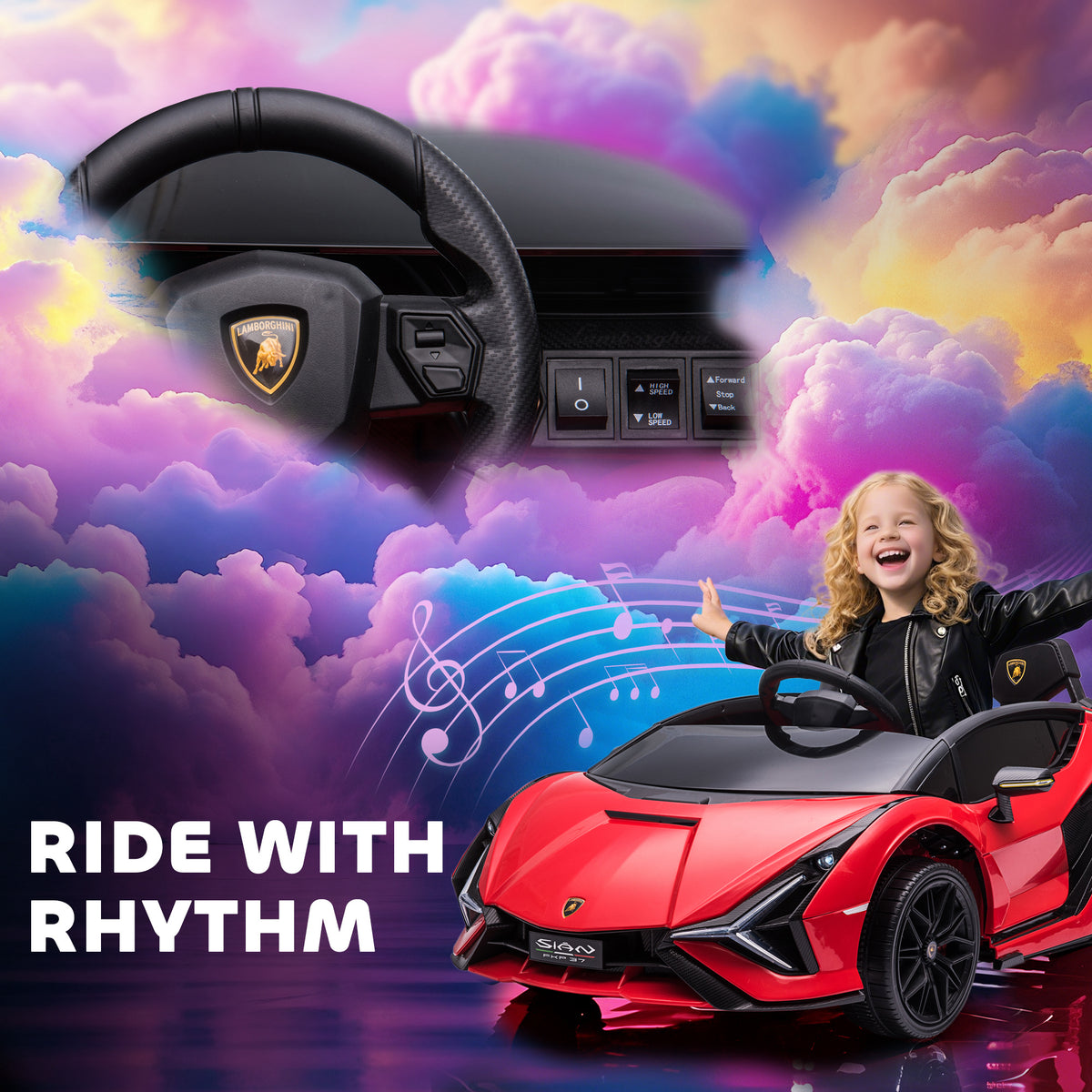 12V SIAN Licensed Electric Car for kids with Remote Control, Horn, Music, & Headlights, Red