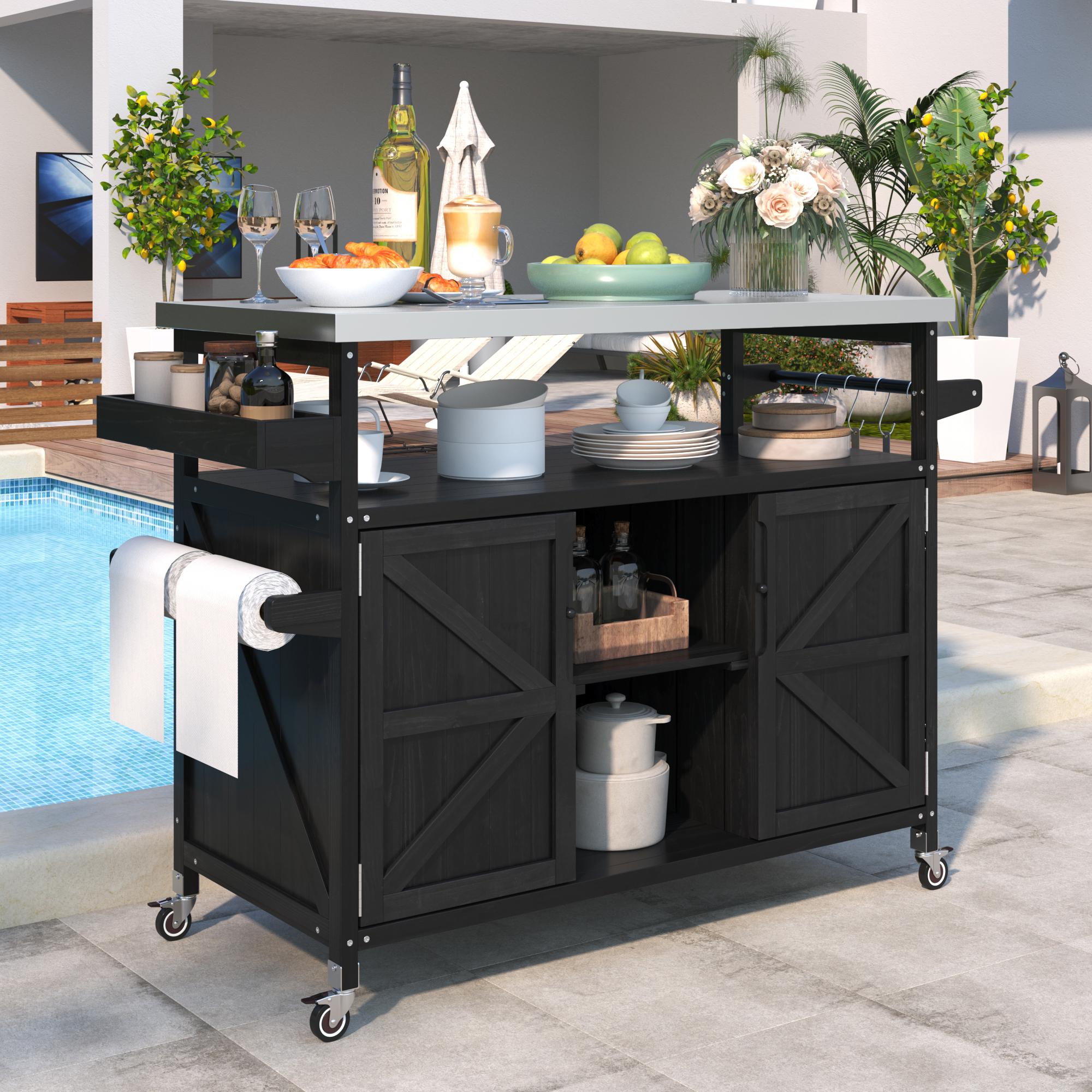 Outdoor Kitchen Island Cart, Rolling Bar Cart with Stainless Steel Top, Spice Rack, Towel Rack, Lockable Wheels, 50" L x 18.5" W x 36.5" H, Black