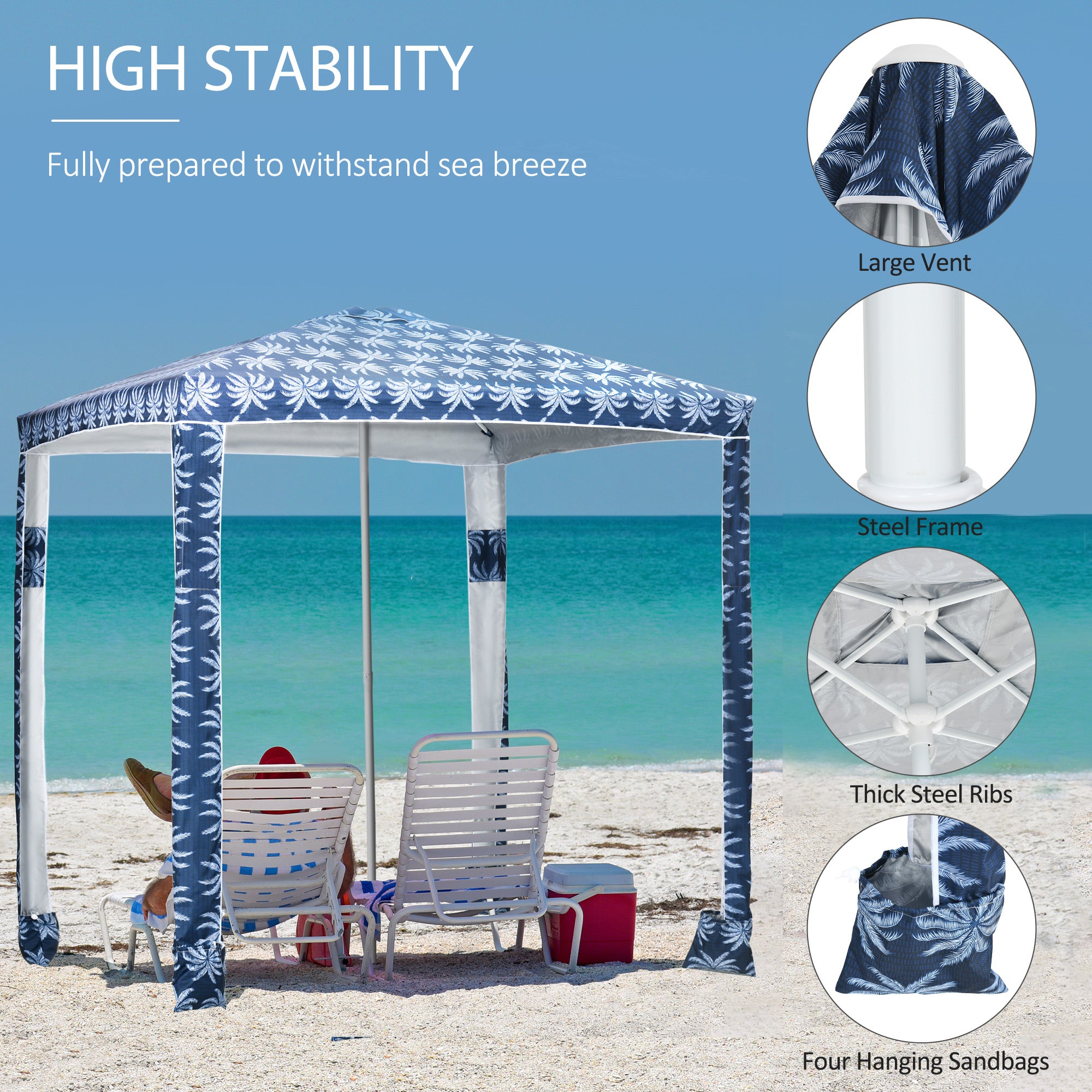 Quick Beach Cabana Canopy Umbrella, 6.5' Easy-Assembly Sun-Shade Shelter with Sandbags and Carry Bag, Cool UV50+ Fits Kids & Family, Blue Coconut Palm