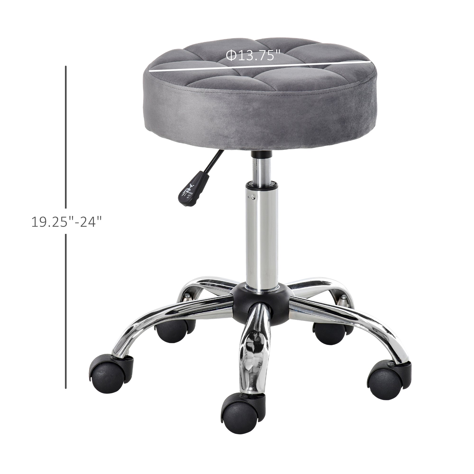 Round Rolling Stool, Height Adjustable Vanity Chair, Upholstery Office Chair with Swivel Seat and Wheels, Grey