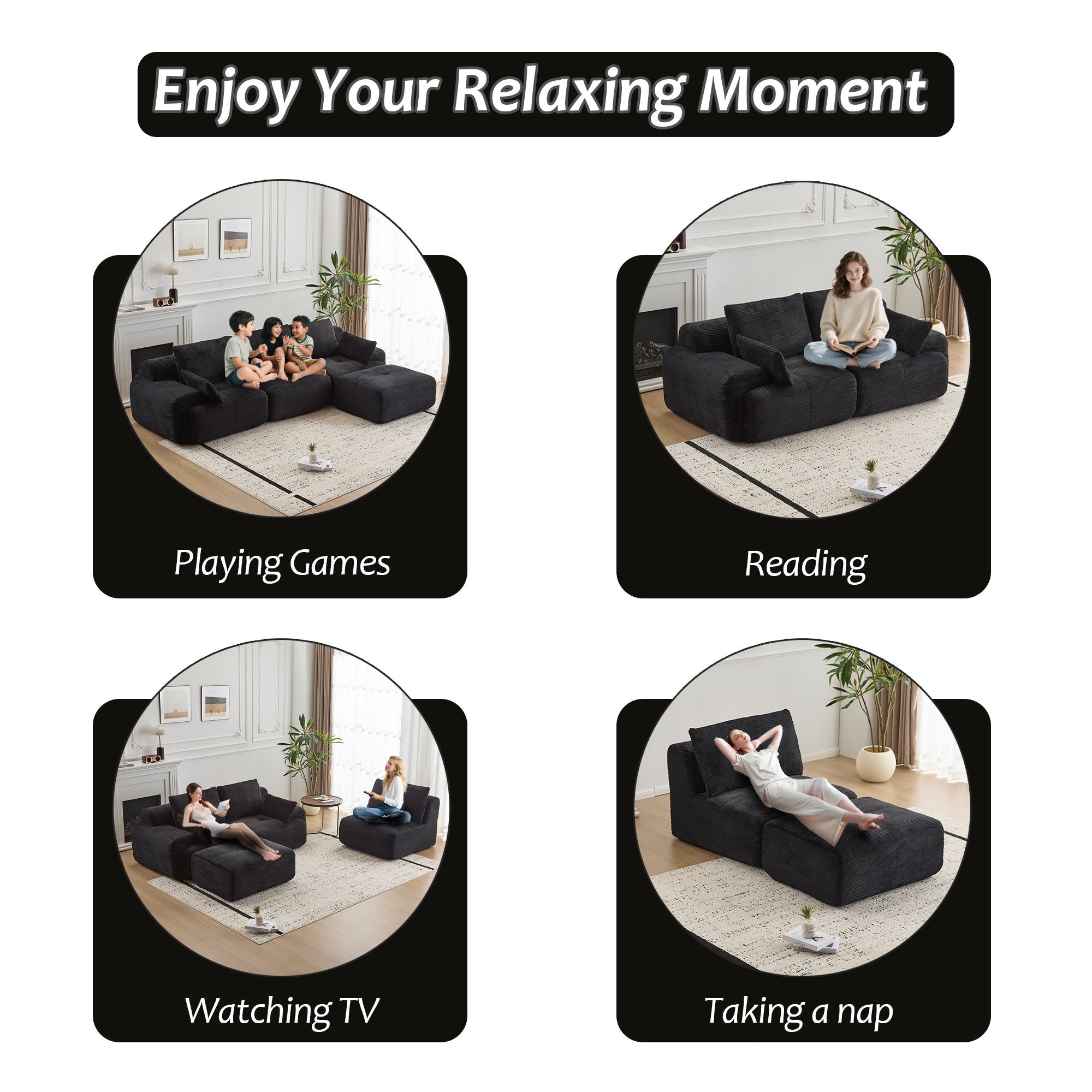 Compressed Sofa Modern Memory Foam Sectional, Pet-Friendly Corduroy Couch, Extra Deep Loveseat for Apartments, 120" L x 71" W x 28.5" H, Black
