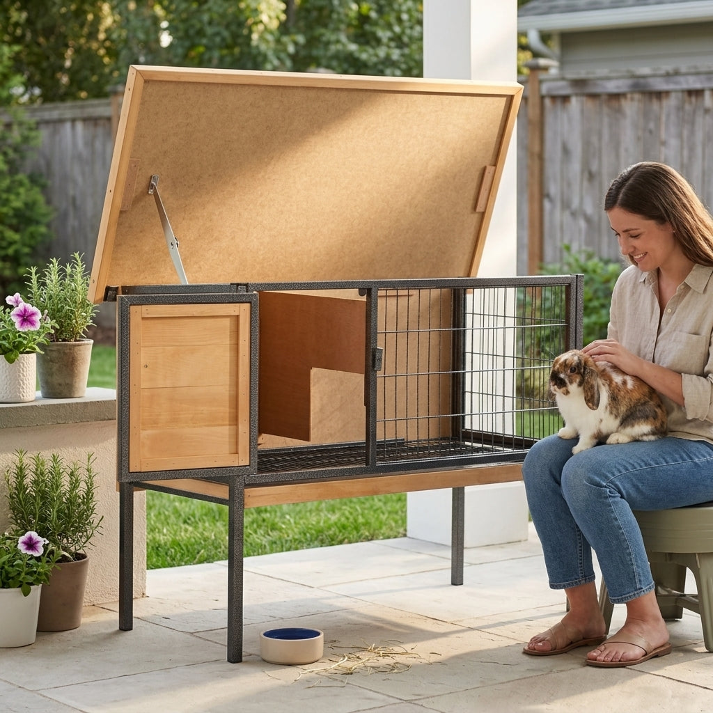 Rabbit Hutch Elevated Bunny Cage Small Animal Habitat with Metal Frame, No Leak Tray, Metal Wire Pan, Openable Water-Resistant Asphalt Roof for Rabbits, Chickens, Ducks, Indoor/Outdoor Natural