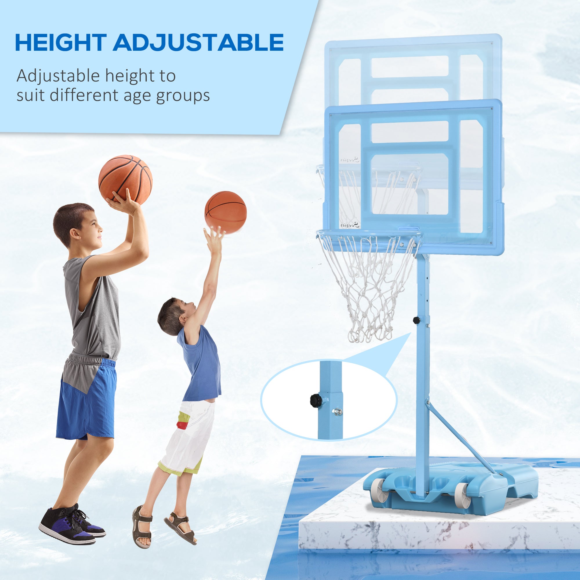 Poolside Basketball Hoop Stand, 36.5"-48.5" Height Adjustable Portable Hoop System w/ Clear Backboard & Fillable Base for Whole Family, Blue, White