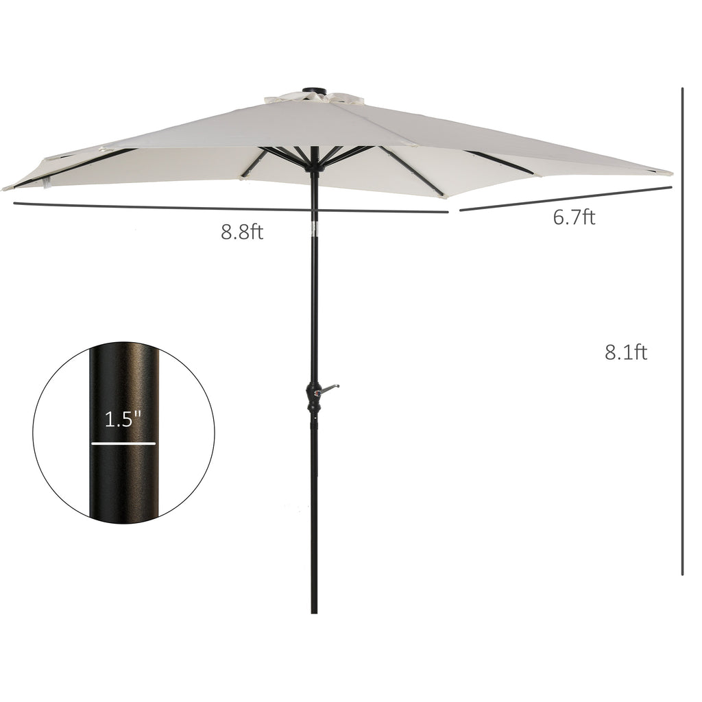 9' x 7' Patio Umbrella Outdoor Table Market Umbrella with Crank, Solar LED Lights, 45° Tilt, Push-Button Operation, for Deck, Backyard, Pool and Lawn, White