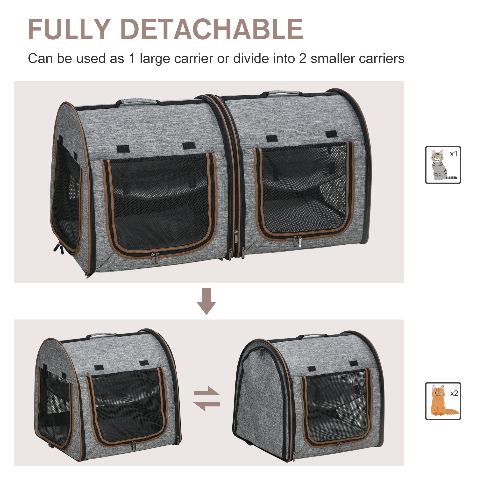 39" Portable Soft-Sided Pet Cat Carrier with Divider, Two Compartments, Soft Cushions, & Storage Bag, Gray