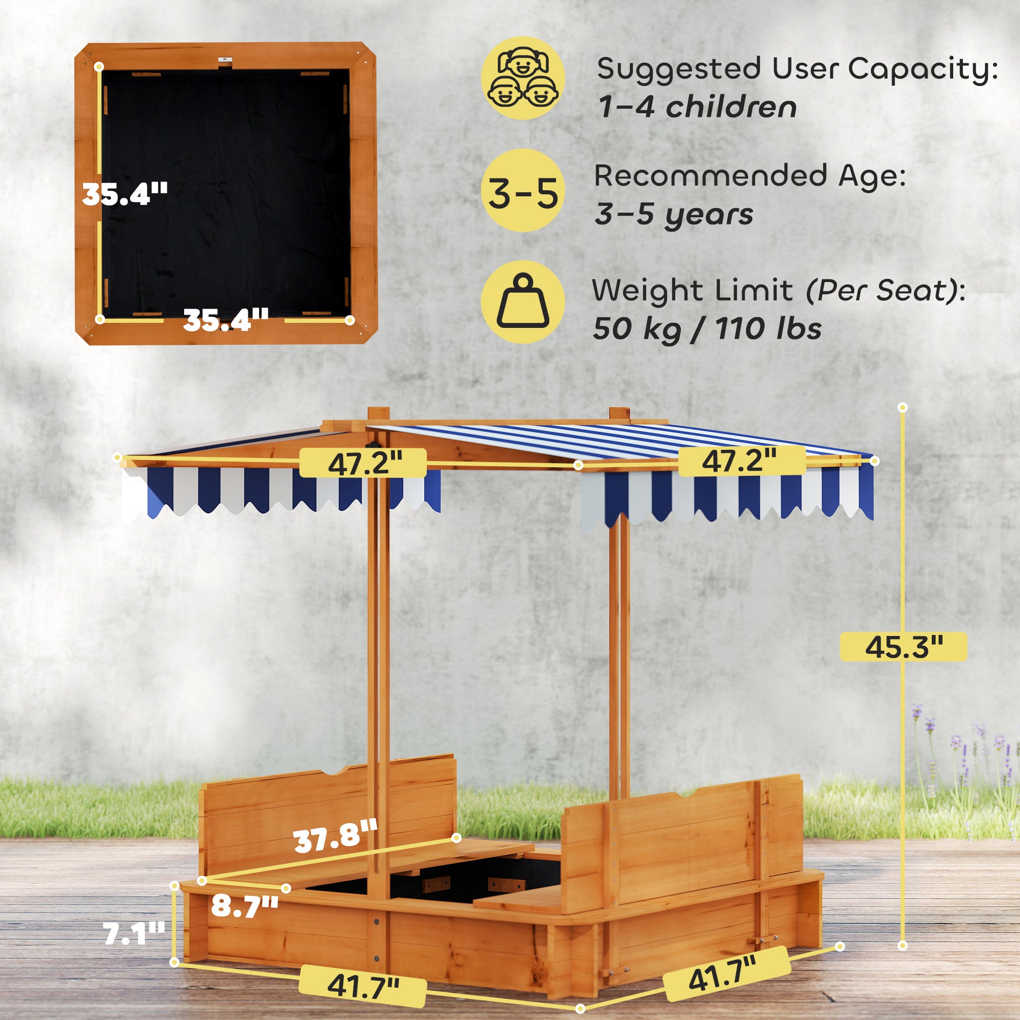 Wooden Kids Sandbox with Cover, Children Outdoor Sand Box with Foldable Bench Seats and Adjustable Canopy, Brown