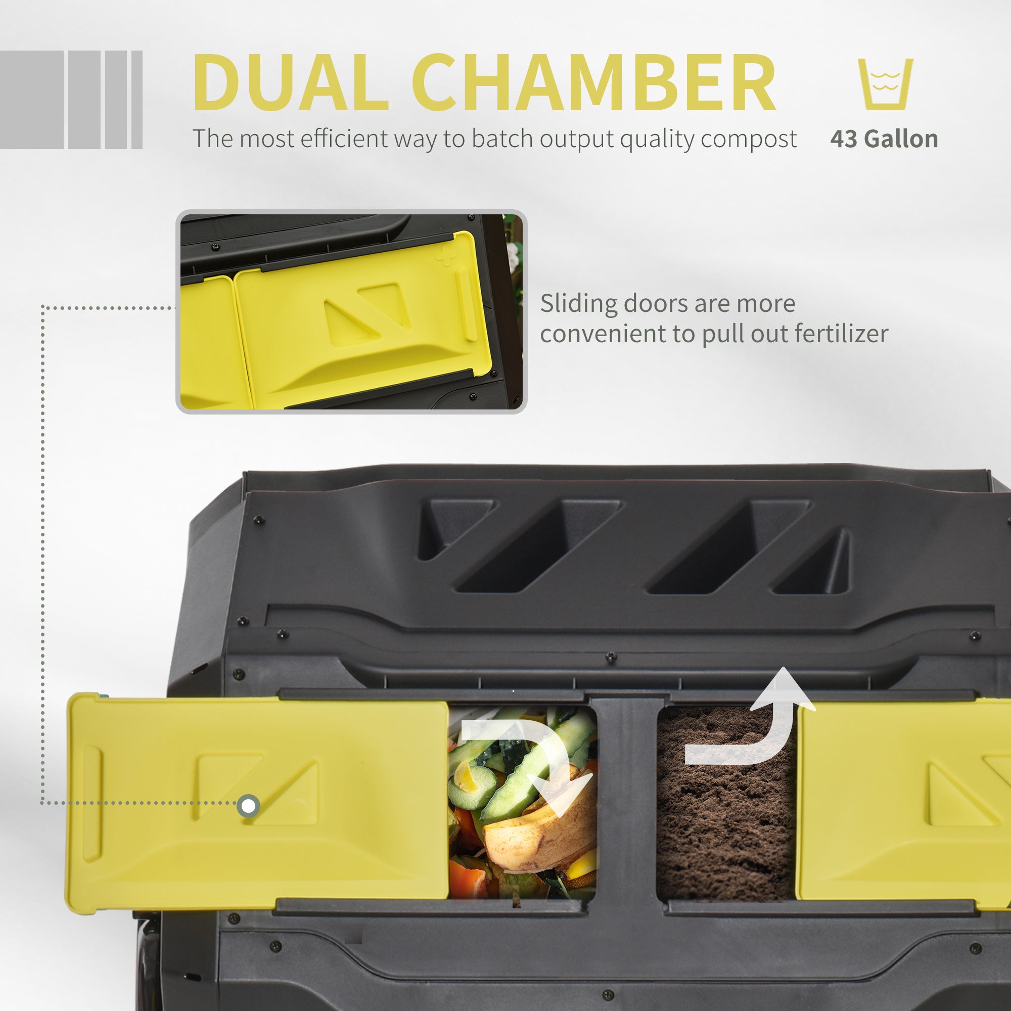 Tumbling Compost Bin Outdoor 360° Dual Chamber Rotating Composter 43 Gallon, Yellow