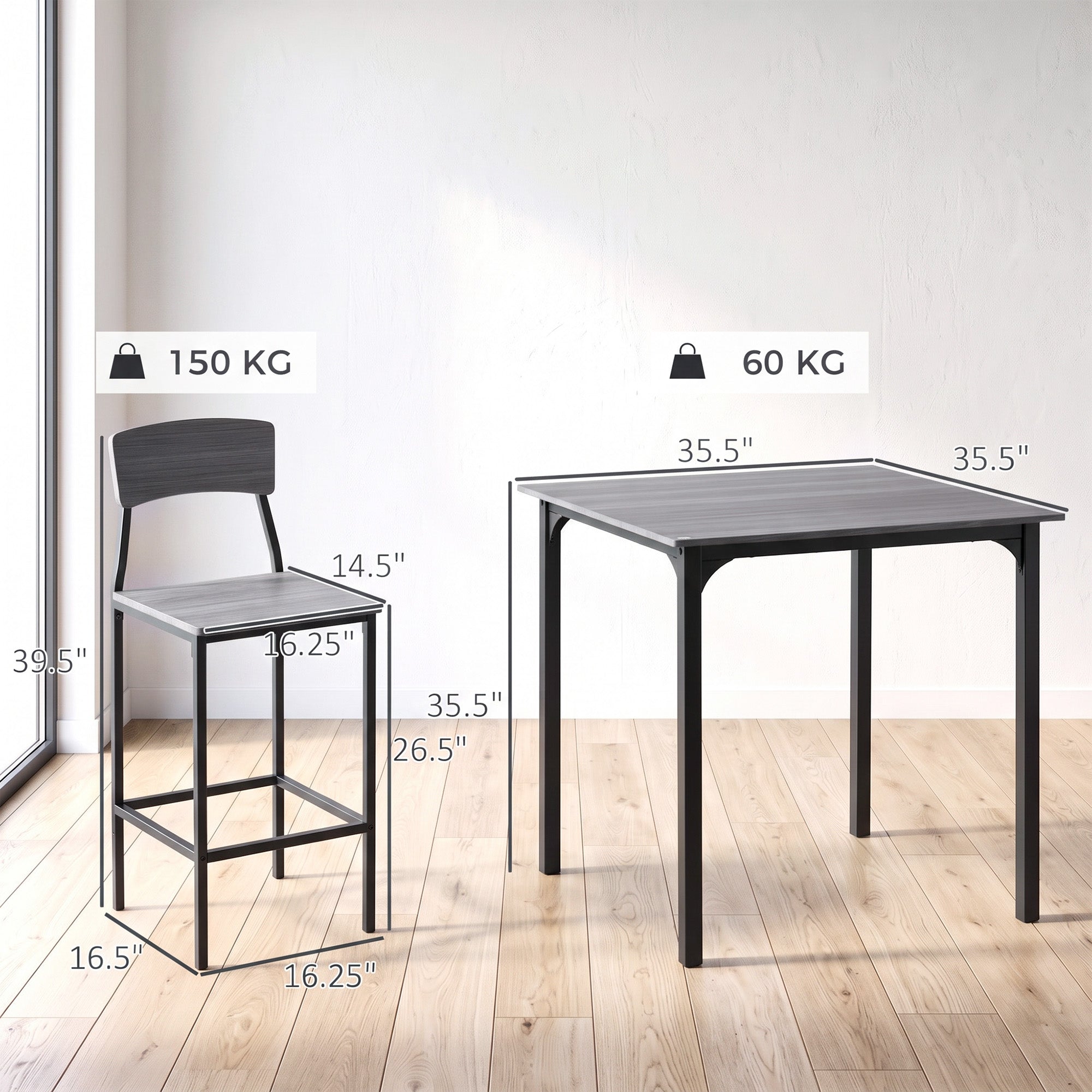 5-Piece Counter Height Bar Table with Space-Saving Design, Square Kitchen Table and Chairs Set with Footrest, Metal Legs, Industrial Dining Table Set for 4, Gray