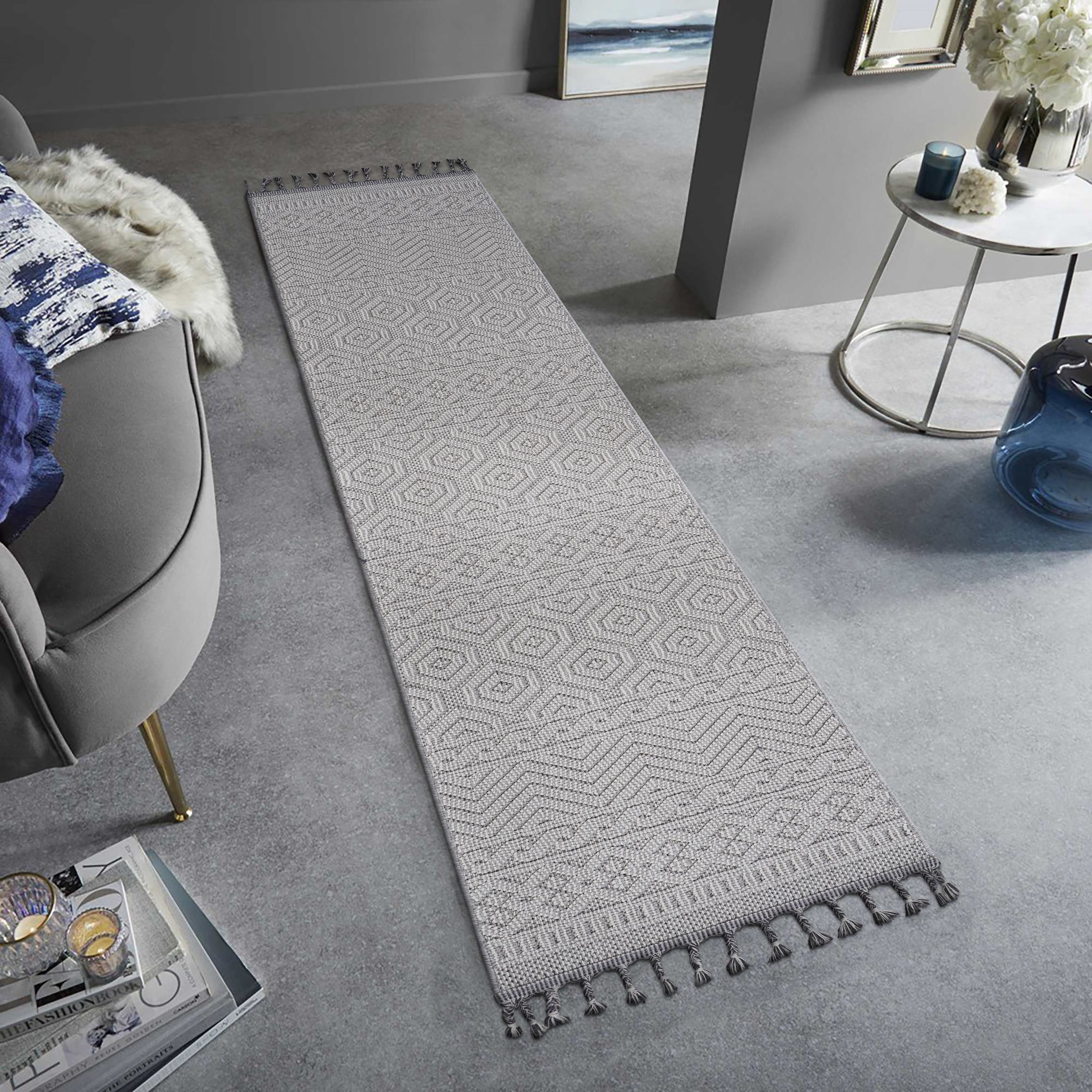 Naar 2x8 Geometric Indoor Outdoor Stain-Resistant Area Rug with Medium Pile Height, Kid and Pet-Friendly Carpet, 96" L x 26" W x 0.3" H, White