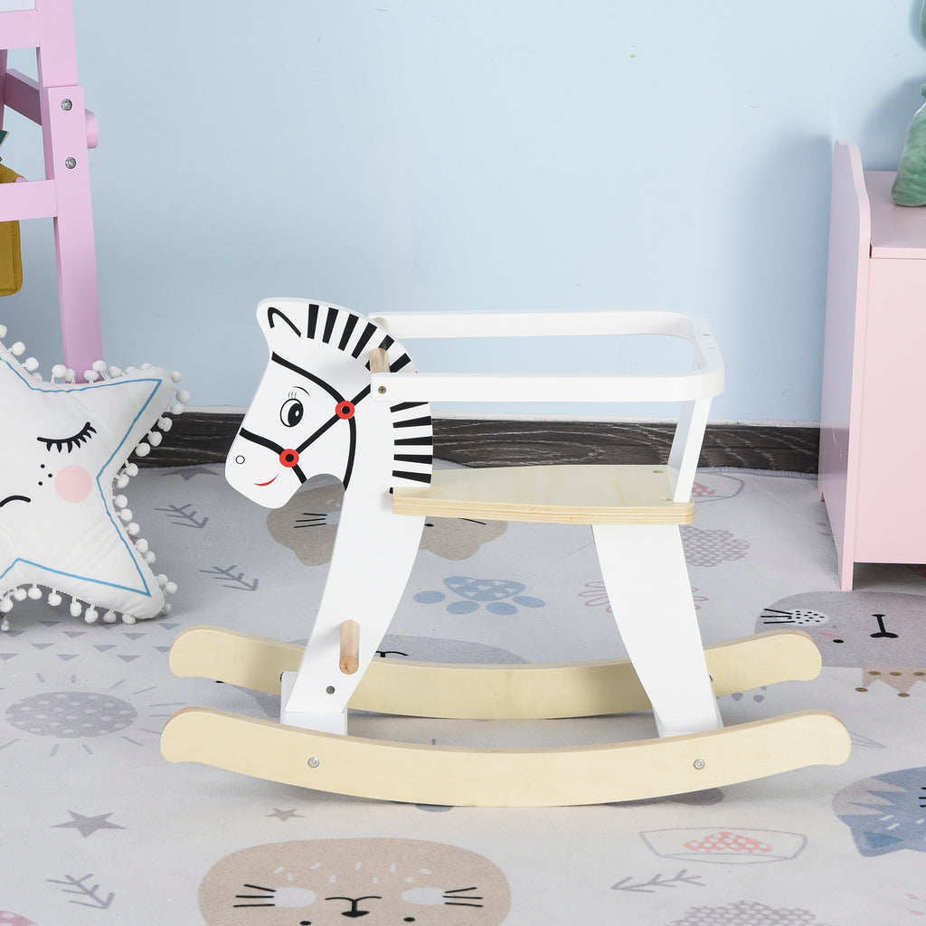 Wooden Rocking Horse Toddler Baby Ride-on Toys for Kids 1-3 Years with Classic Design & Wood Safety Bar, White