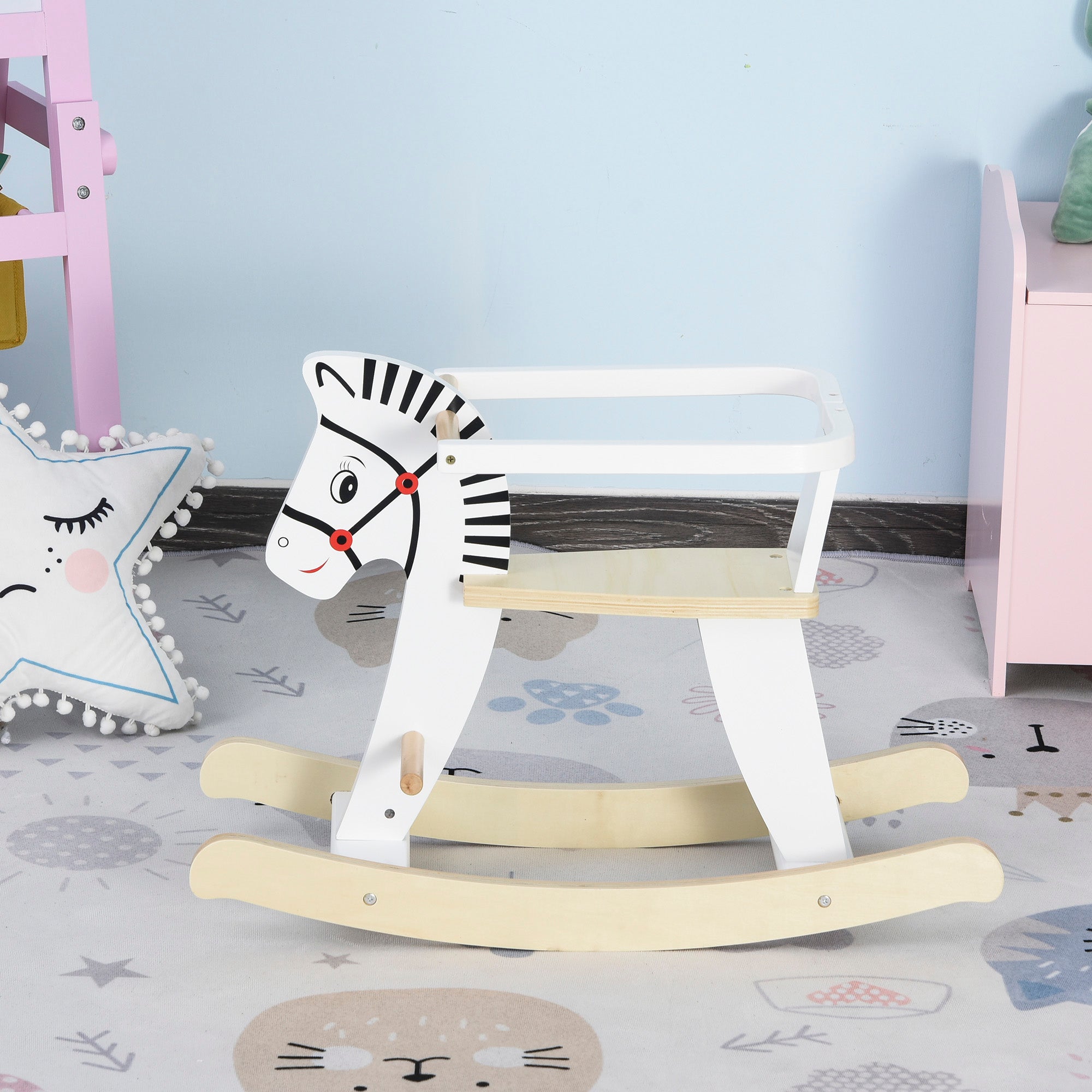Wooden Rocking Horse Toddler Baby Ride-on Toys for Kids 1-3 Years with Classic Design & Wood Safety Bar, White