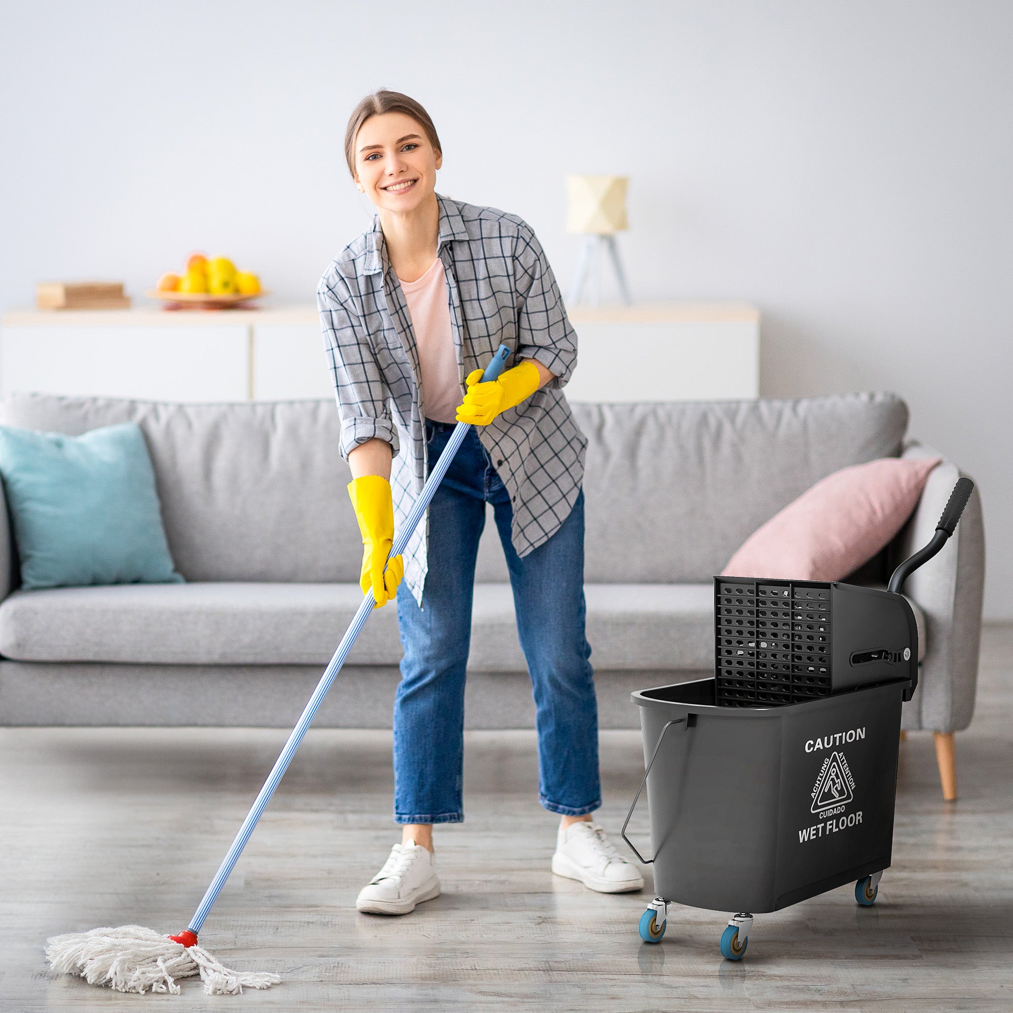 Compact Mop Bucket with Wringer, Mop Bucket on Wheels, 21 Quart, Separate Dirty and Clean Water, Black