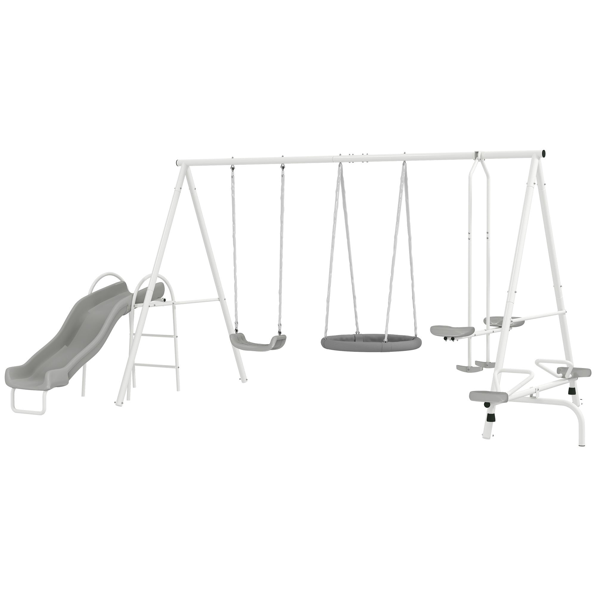 5 in 1 Kids Swing Set for Backyard with Heavy-Duty A-Frame Stand, Saucer Swing, Slide, Seesaw, Glider, Swing Seat, Gray