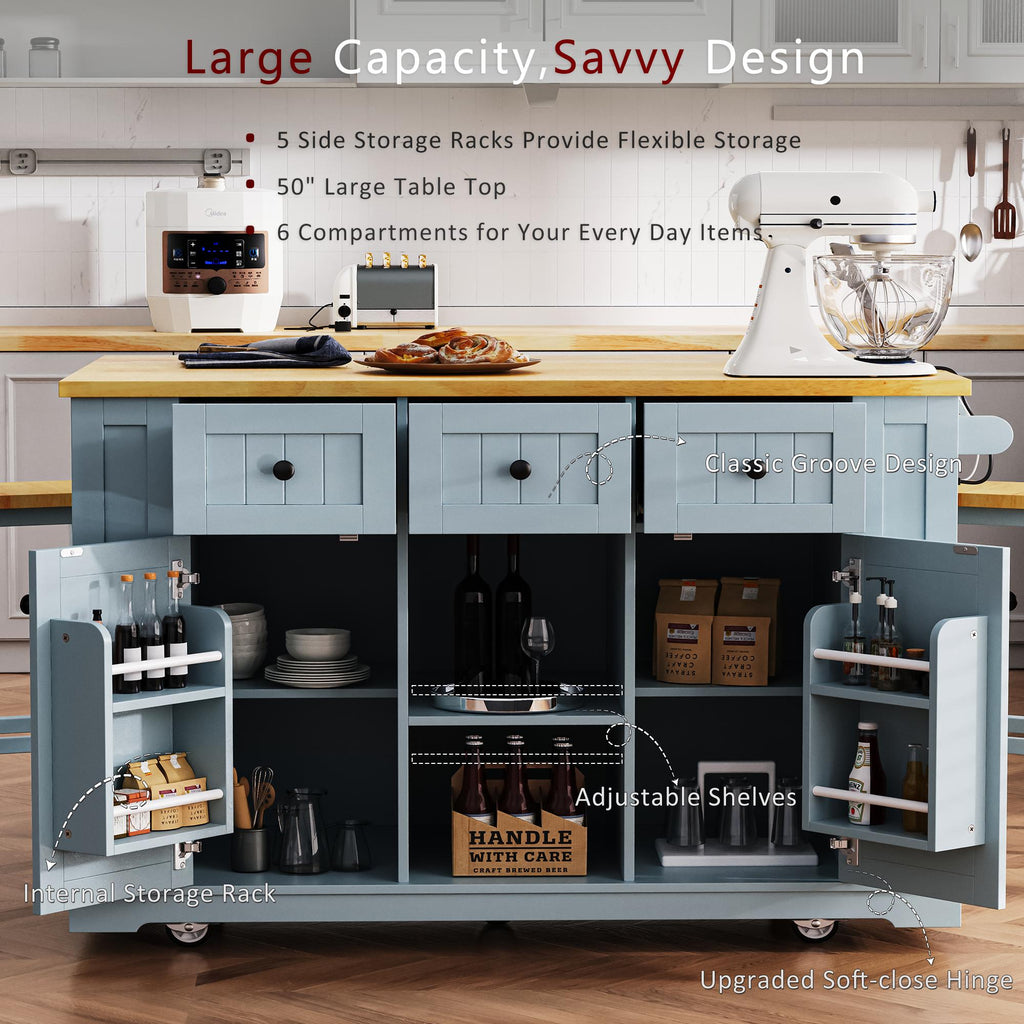 Kitchen Island Cart with Drop Leaf, Power Outlet, Internal Storage Rack, Rolling on 5 Wheels, Adjustable Shelves, and Bamboo Sticks, Gray+Blue