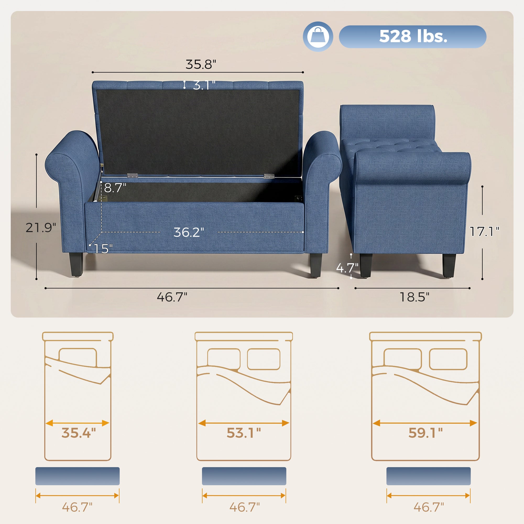 47" Storage Ottoman Bench, Tufted End of Bed Bench with Rolled Arms, Safety Hinge, Wood Legs for Bedroom, Blue