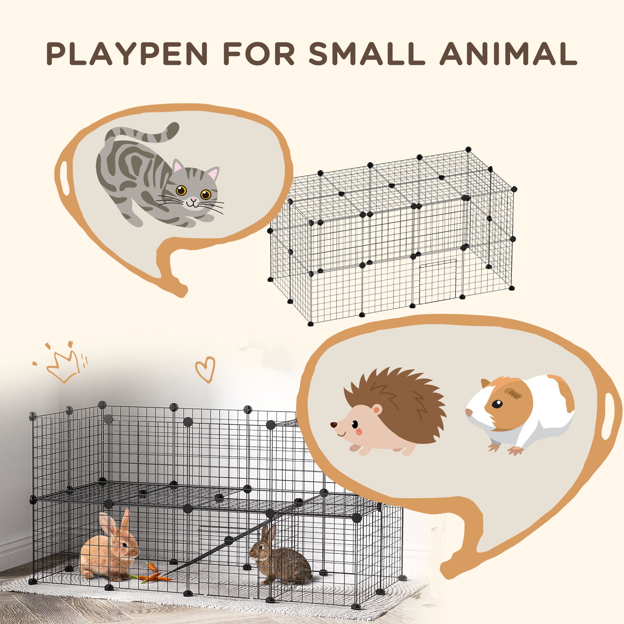 36 Panels Small Animal Playpen with Door, DIY C & C Cage for Guinea Pigs with Ramp, Portable Metal Wire Yard for Rabbit, Hedgehogs, 14 x 14 in